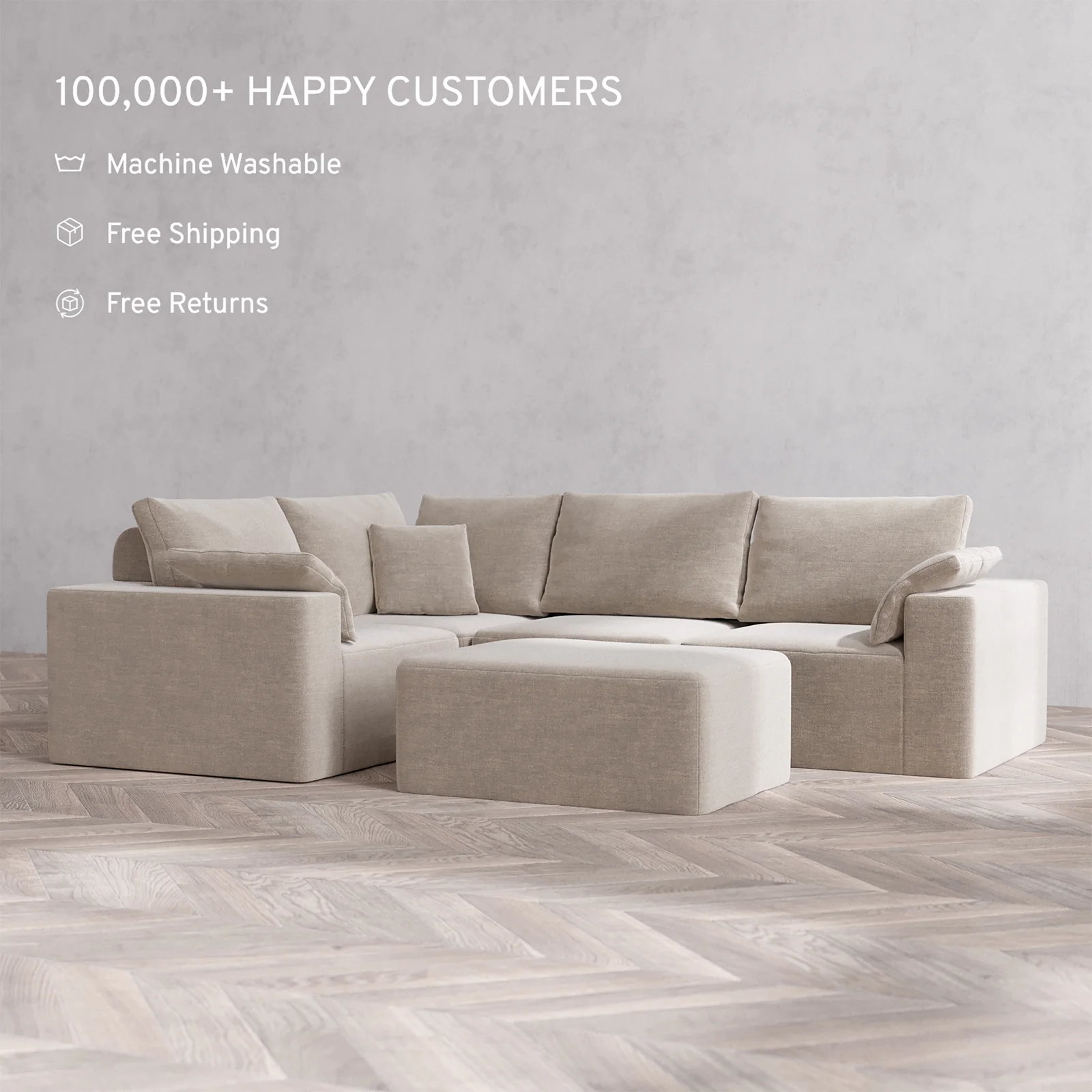 Slipcover Only - Modular Washable 4-Seater Corner Sectional + Chaise Ottoman Cloud + Bolster Sofa in Caraway - Image 2