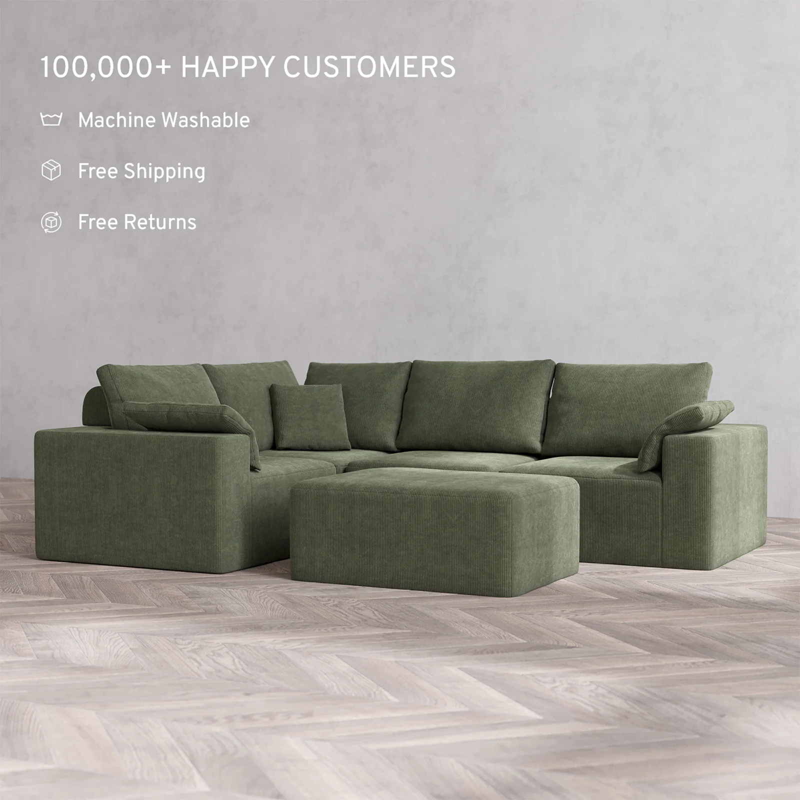 Slipcover Only - Modular Washable 4-Seater Corner Sectional + Chaise Ottoman Cloud + Bolster Sofa in Juniper - Image 2