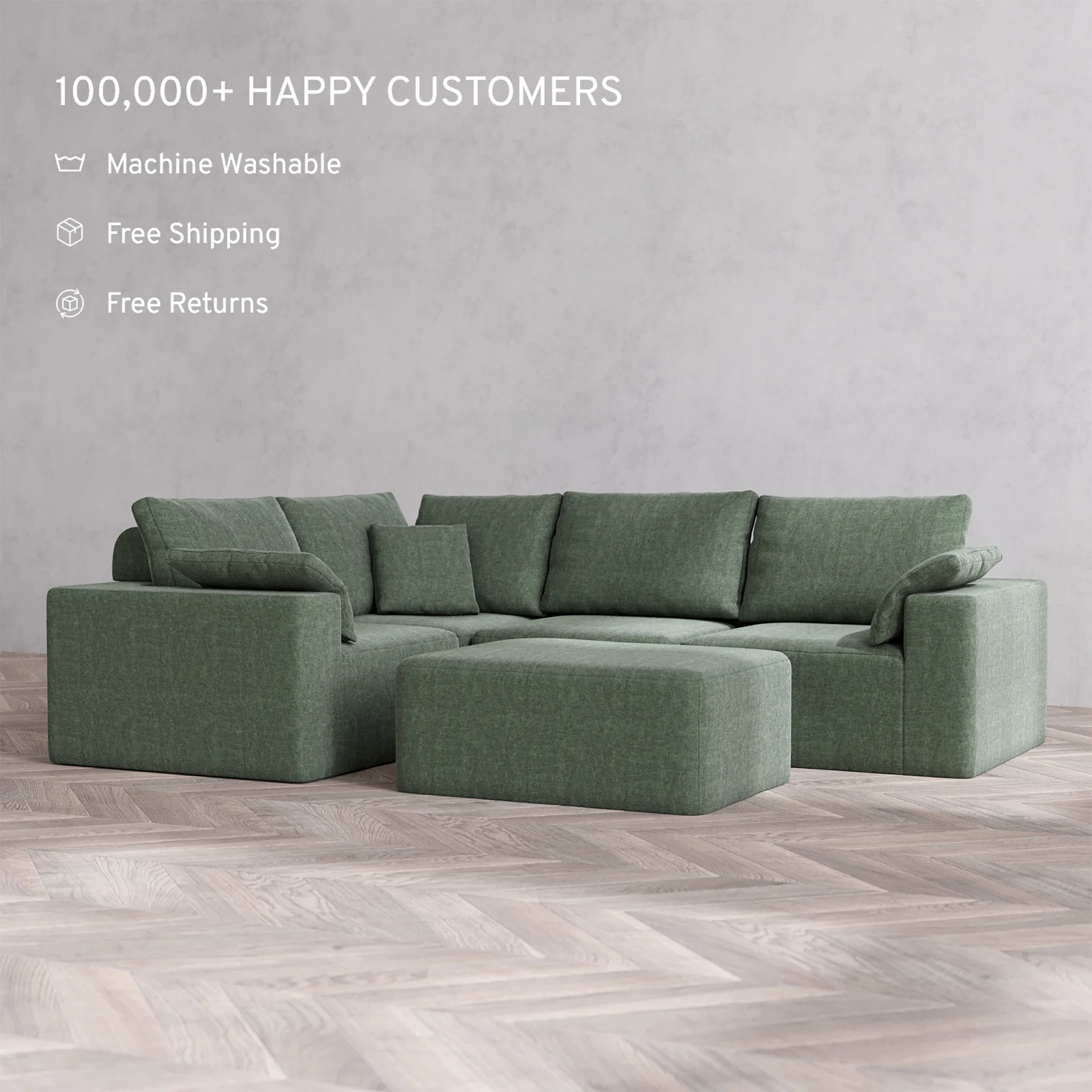 Slipcover Only - Modular Washable 4-Seater Corner Sectional + Chaise Ottoman Cloud + Bolster Sofa in Sage - Image 2