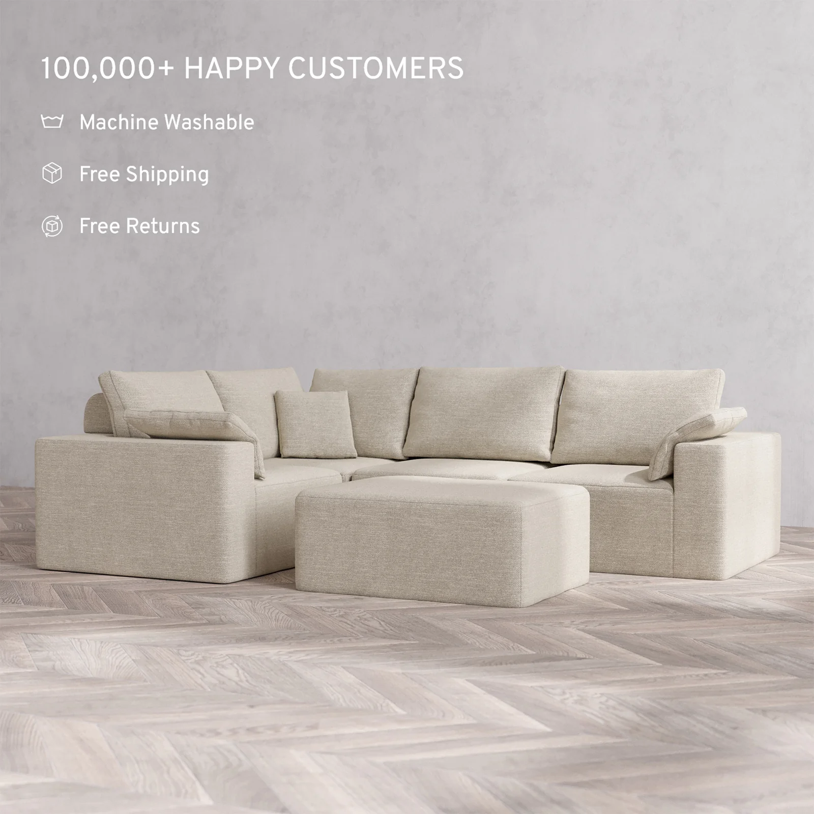 Slipcover Only - Modular Washable 4-Seater Corner Sectional + Chaise Ottoman Cloud + Bolster Sofa in Sandstone - Image 2