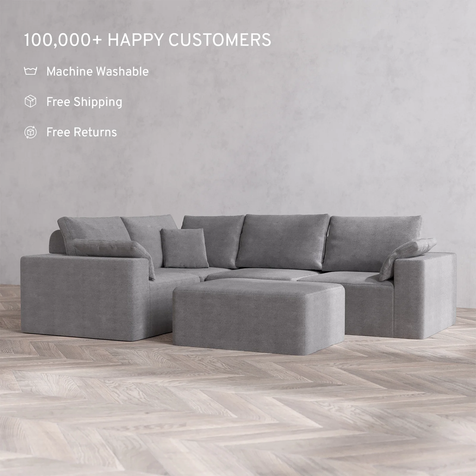 Slipcover Only - Modular Washable 4-Seater Corner Sectional + Chaise Ottoman Cloud + Bolster Sofa in Slate - Image 2