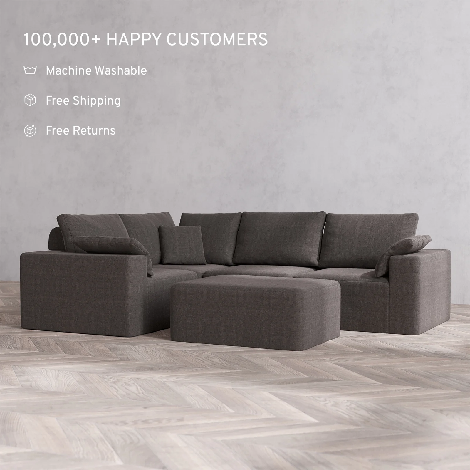 Slipcover Only - Modular Washable 4-Seater Corner Sectional + Chaise Ottoman Cloud + Bolster Sofa in Truffle - Image 2