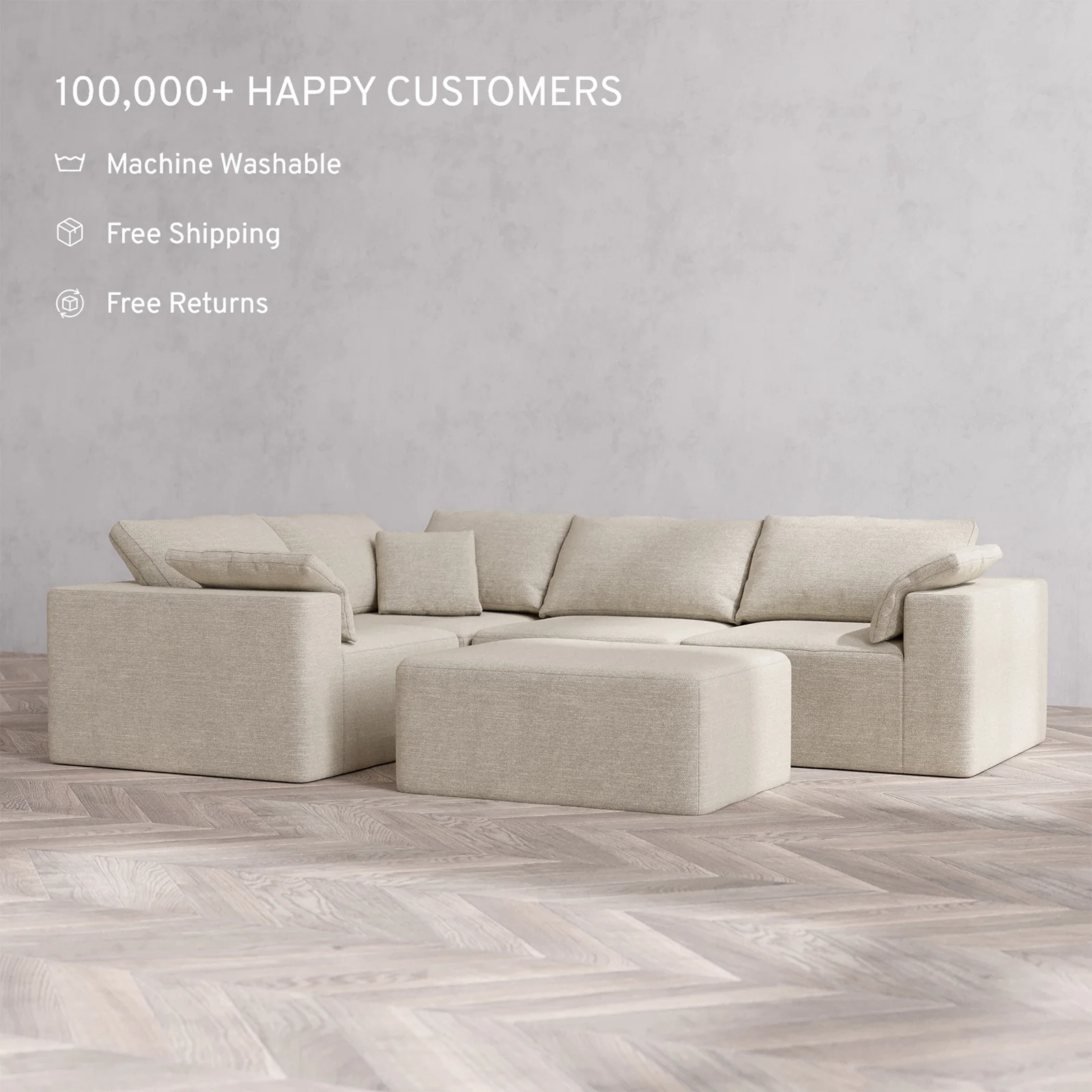 Slipcover Only - Modular Washable 4-Seater Corner Sectional + Chaise Ottoman Cloud Sofa in Sandstone - Image 2