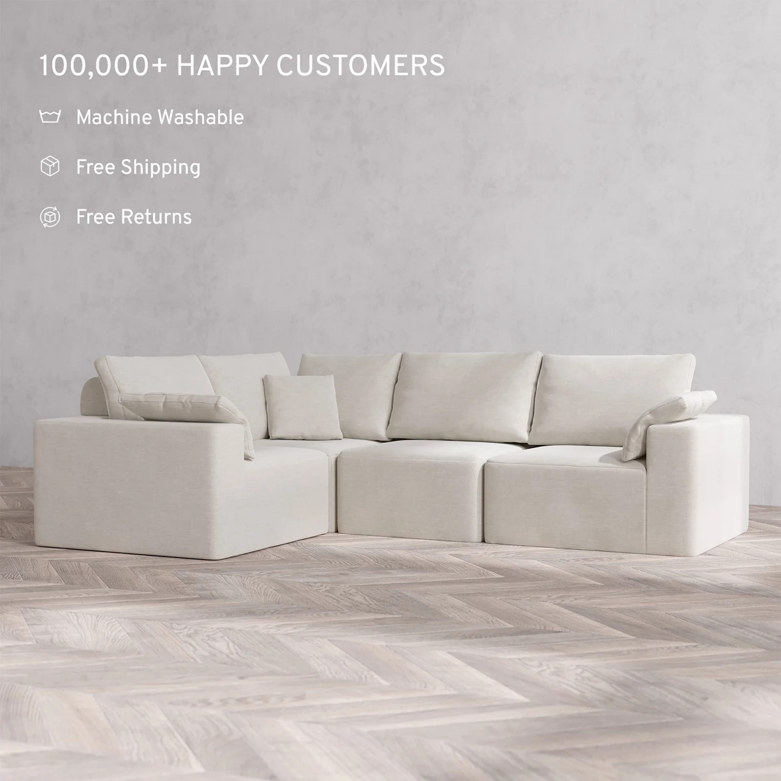 Slipcover Only - Modular Washable 4-Seater Corner Sectional Cloud + Bolster Sofa in Cashew - Image 2
