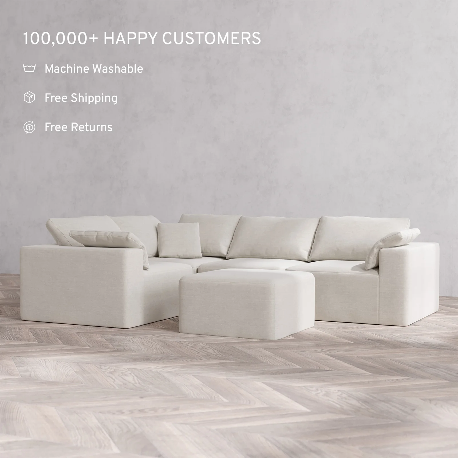 Slipcover Only - Modular Washable 4-Seater Corner Sectional + Ottoman Cloud Sofa in Cashew - Image 2