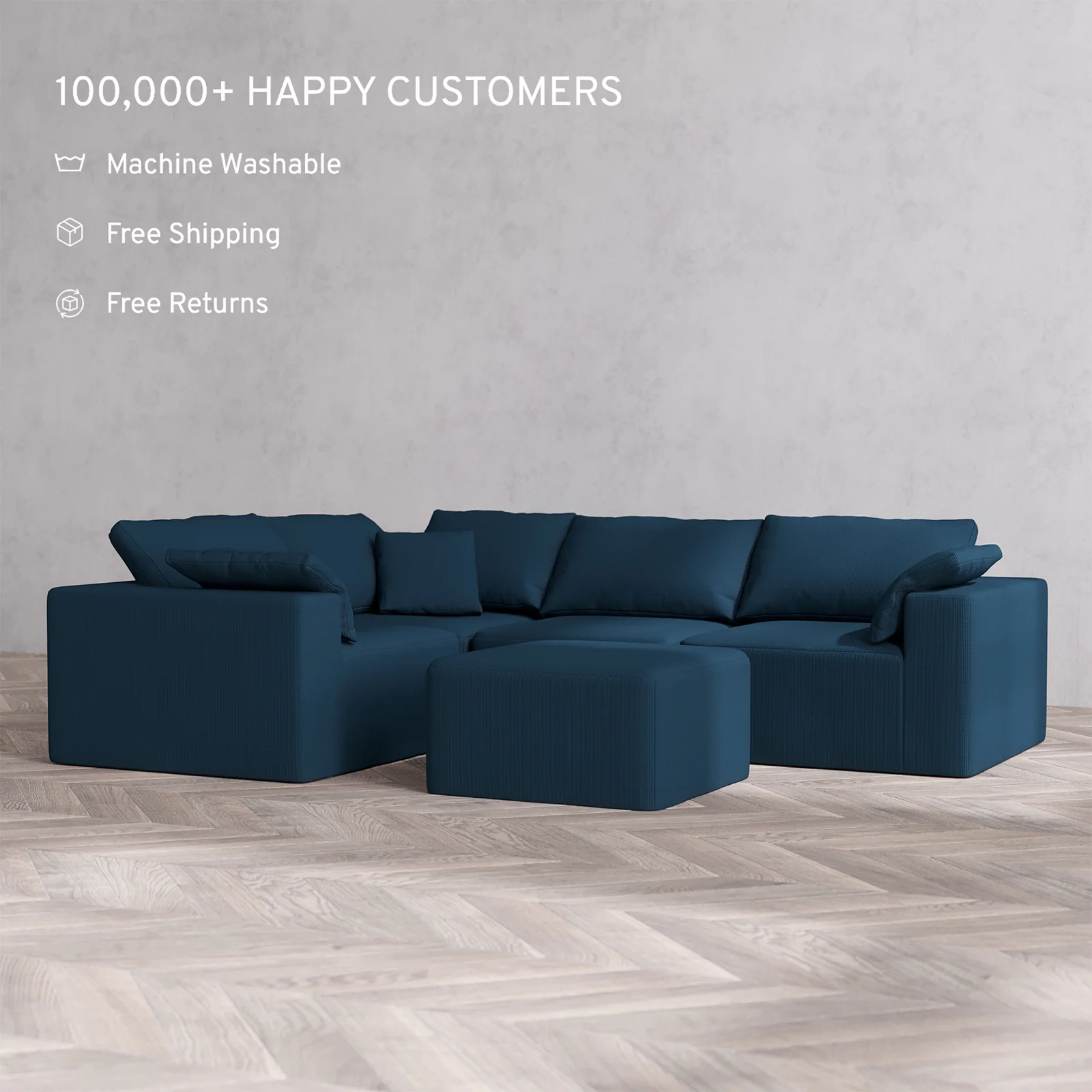 Slipcover Only - Modular Washable 4-Seater Corner Sectional + Ottoman Cloud Sofa in Lazuli - Image 2