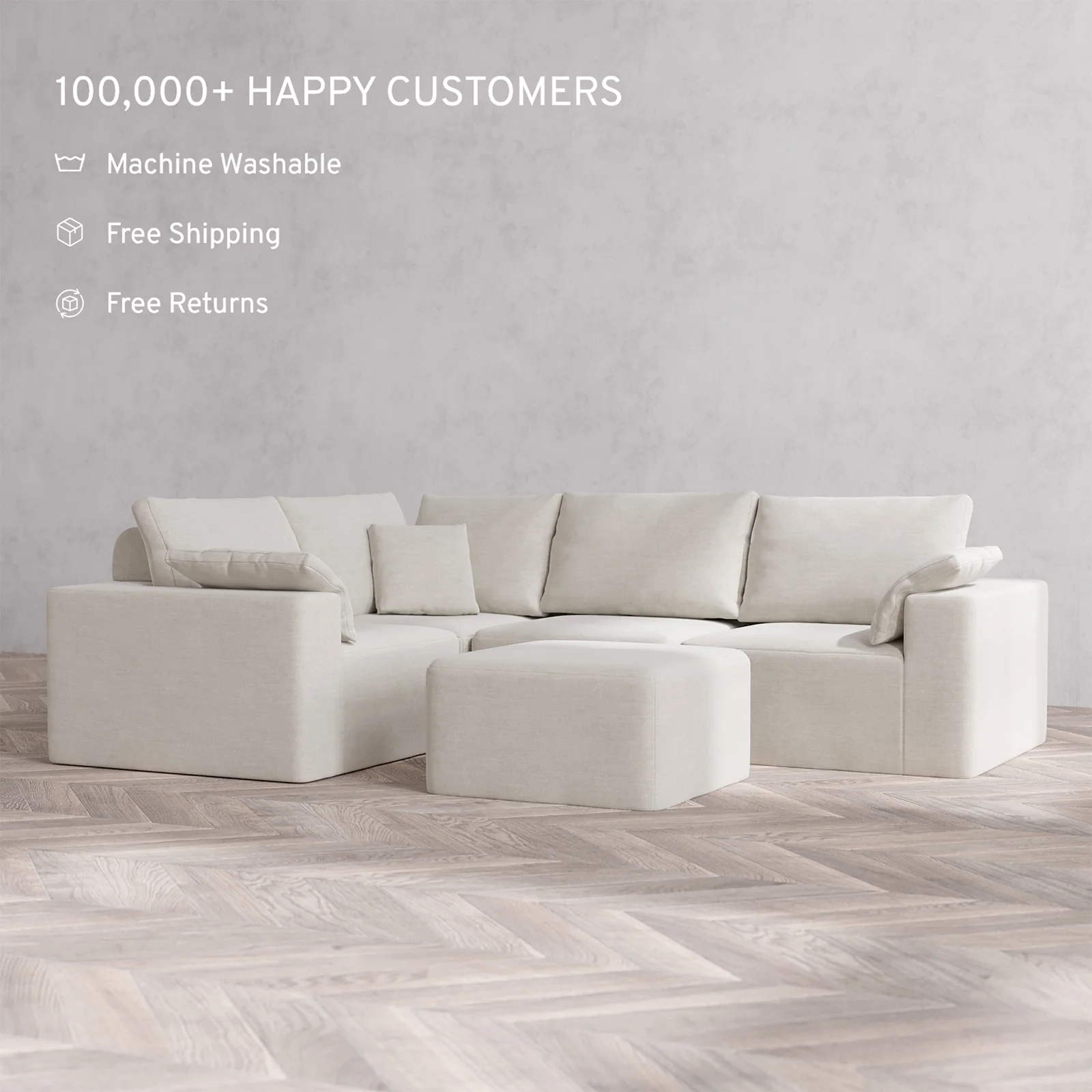 Slipcover Only - Modular Washable 4-Seater Corner Sectional + Ottoman Cloud + Bolster Sofa in Cashew - Image 2
