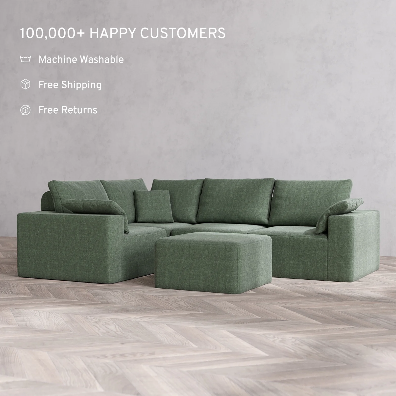 Slipcover Only - Modular Washable 4-Seater Corner Sectional + Ottoman Cloud + Bolster Sofa in Sage - Image 2