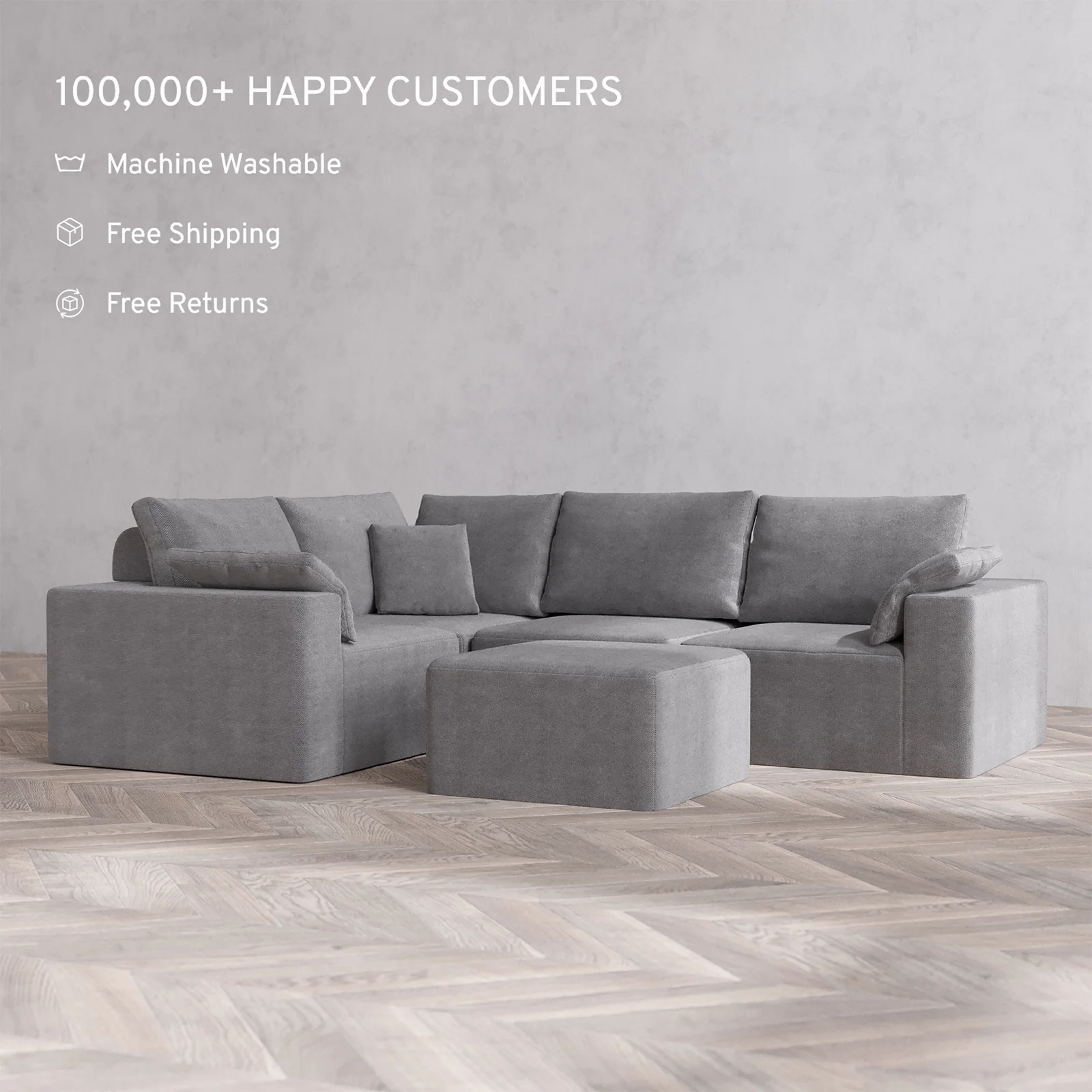 Slipcover Only - Modular Washable 4-Seater Corner Sectional + Ottoman Cloud + Bolster Sofa in Slate - Image 2