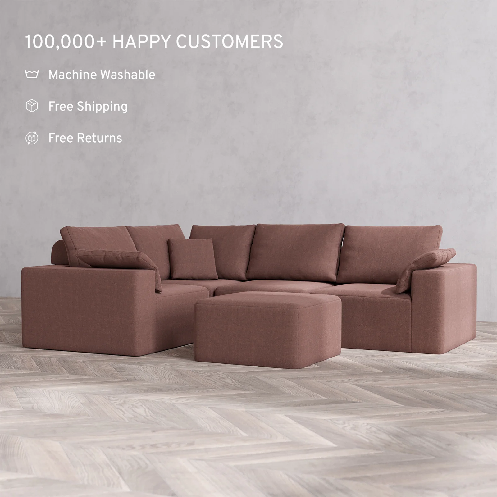 Slipcover Only - Modular Washable 4-Seater Corner Sectional + Ottoman Cloud + Bolster Sofa in Sumac - Image 2