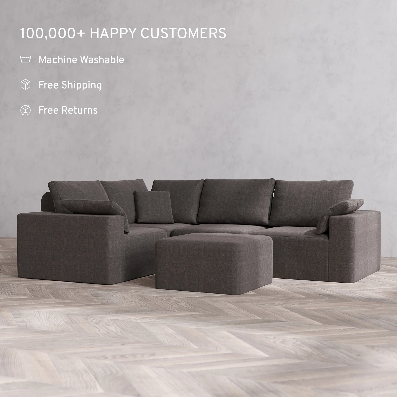 Slipcover Only - Modular Washable 4-Seater Corner Sectional + Ottoman Cloud + Bolster Sofa in Truffle - Image 2