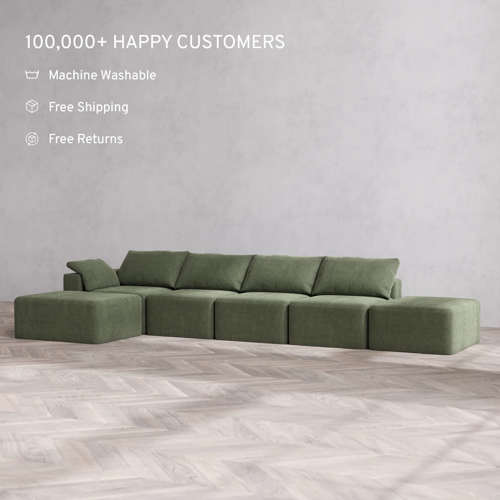Slipcover Only - Modular Washable 4-Seater Open End Chaise Sectional Cloud Sofa in Juniper | Left-Facing Arm - Image 2