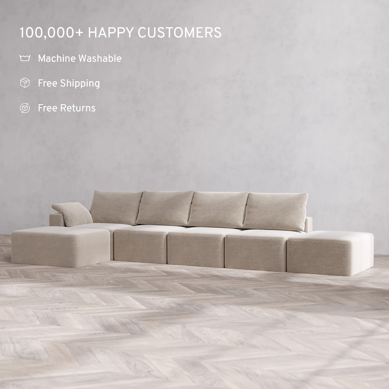 Slipcover Only - Modular Washable 4-Seater Open End Chaise Sectional Cloud + Bolster Sofa in Caraway | Left-Facing Arm - Image 2