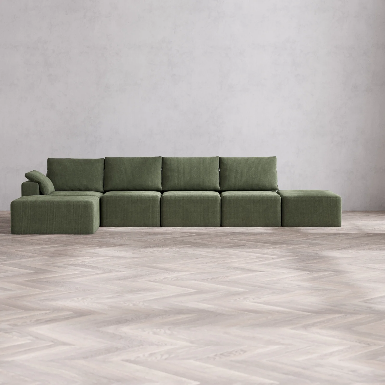 Slipcover Only - Modular Washable 4-Seater Open End Chaise Sectional Cloud + Bolster Sofa in Juniper | Left-Facing Arm