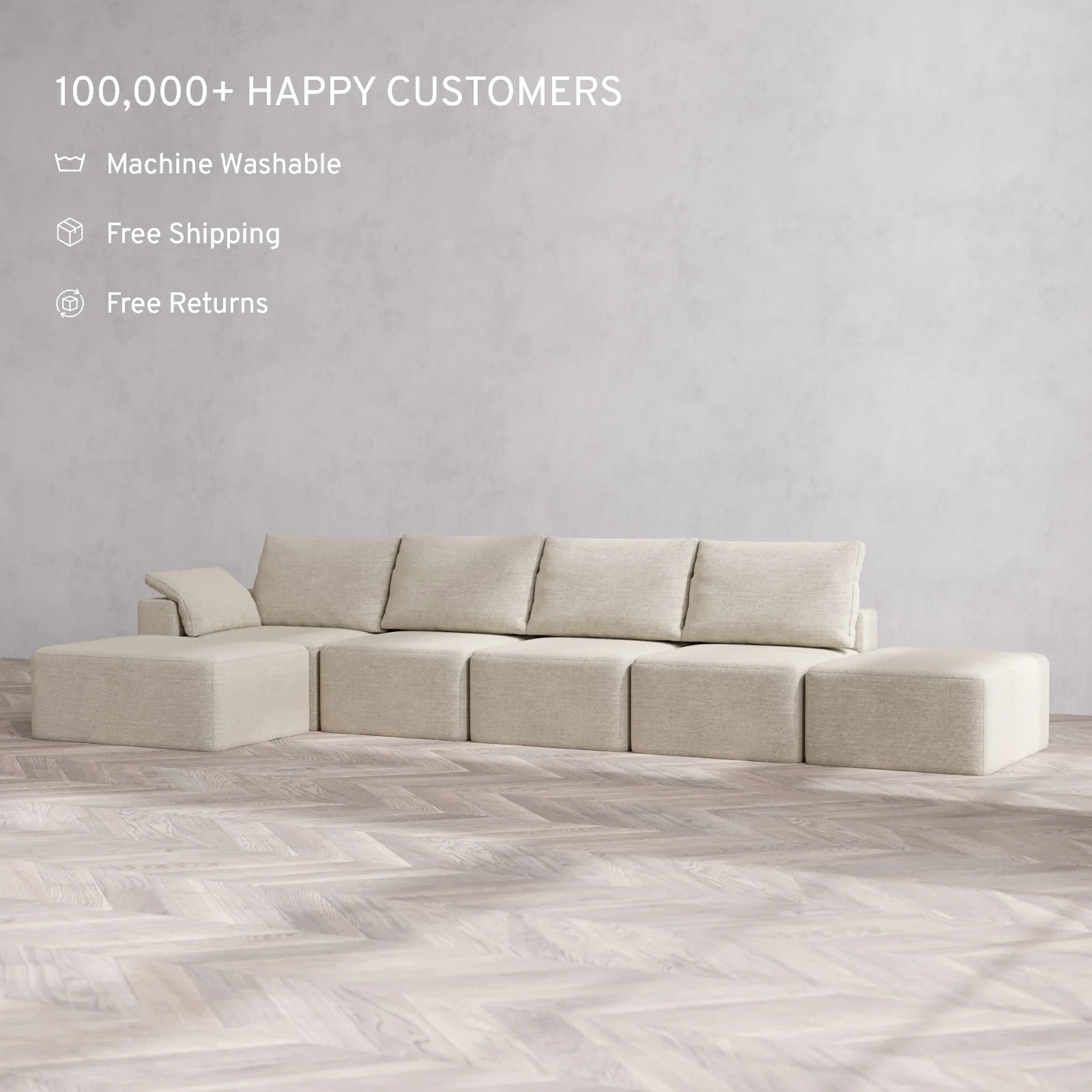 Slipcover Only - Modular Washable 4-Seater Open End Chaise Sectional Cloud + Bolster Sofa in Sandstone | Left-Facing Arm - Image 2