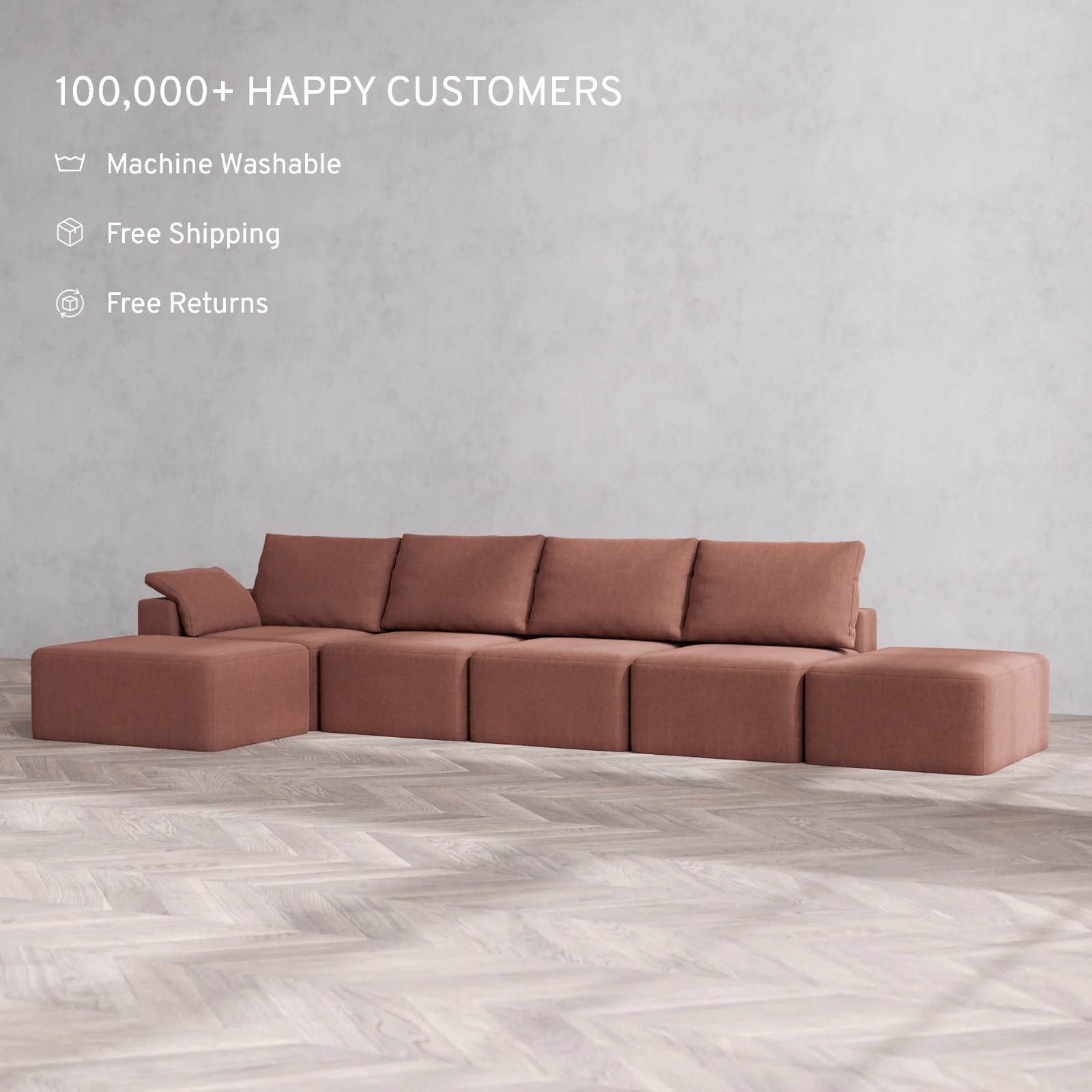 Slipcover Only - Modular Washable 4-Seater Open End Chaise Sectional Cloud + Bolster Sofa in Sumac | Left-Facing Arm - Image 2