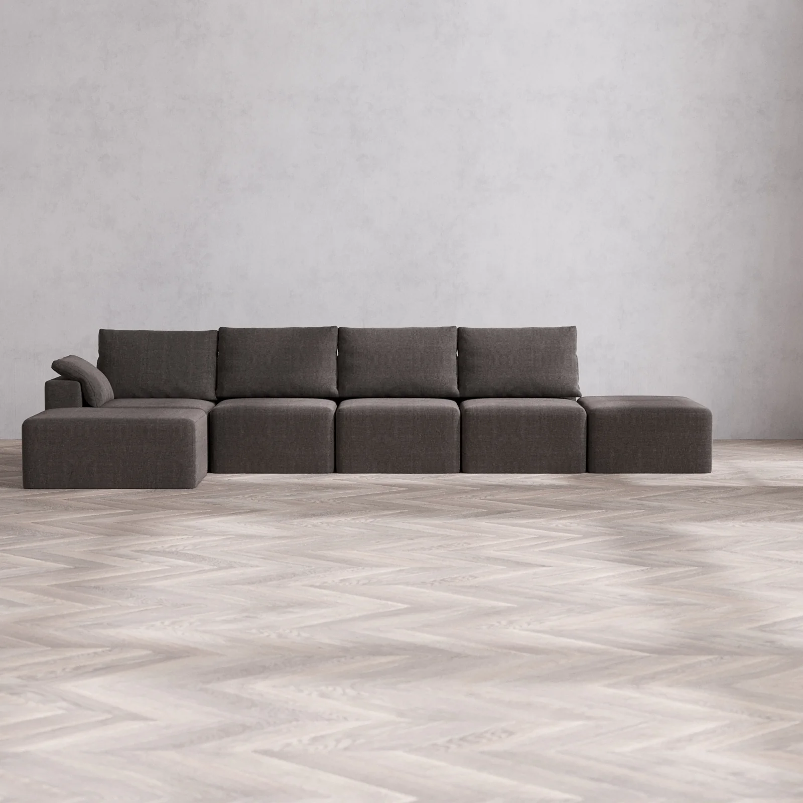 Slipcover Only - Modular Washable 4-Seater Open End Chaise Sectional Cloud + Bolster Sofa in Truffle | Left-Facing Arm