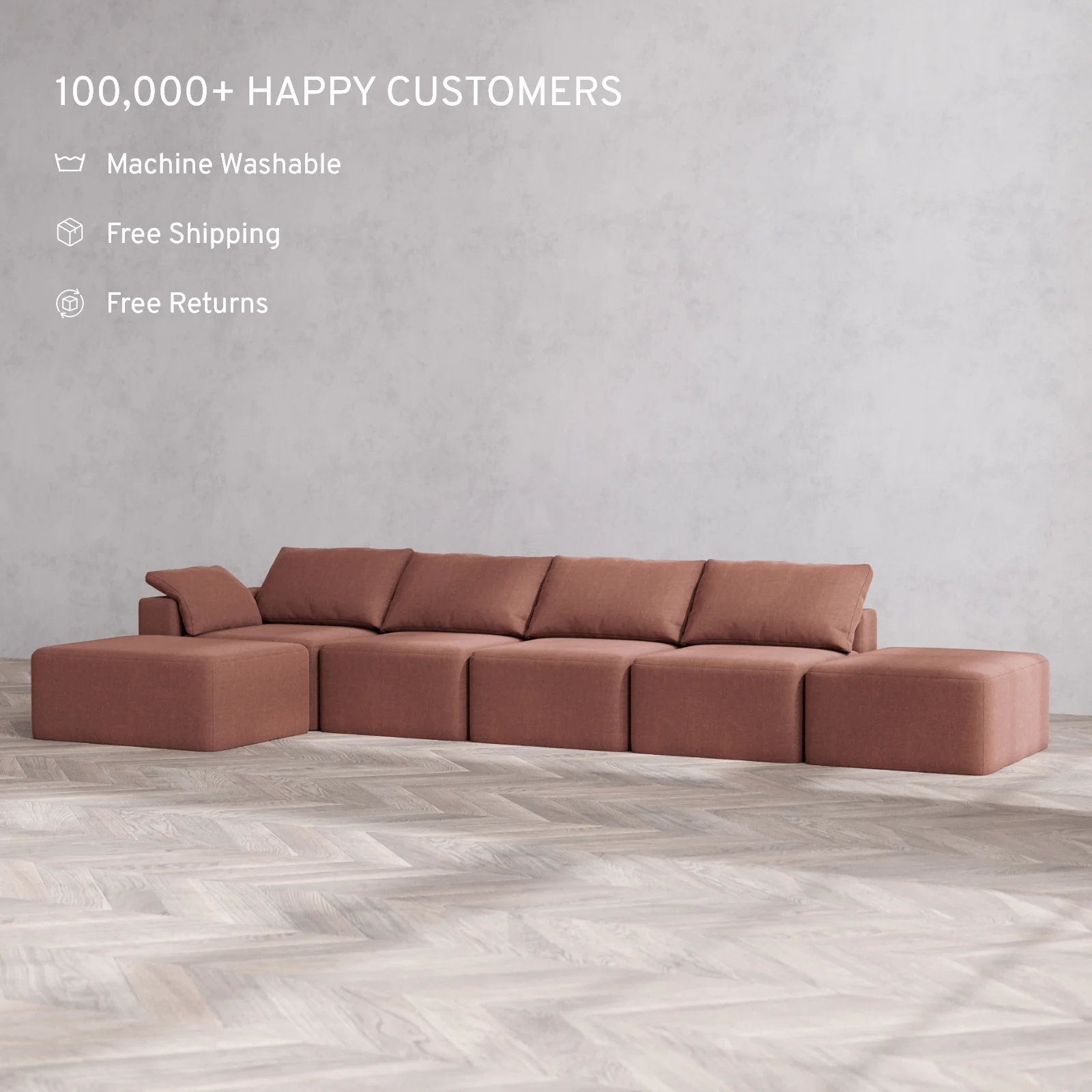 Slipcover Only - Modular Washable 4-Seater Open End Chaise Sectional Cloud Sofa in Sumac | Left-Facing Arm - Image 2