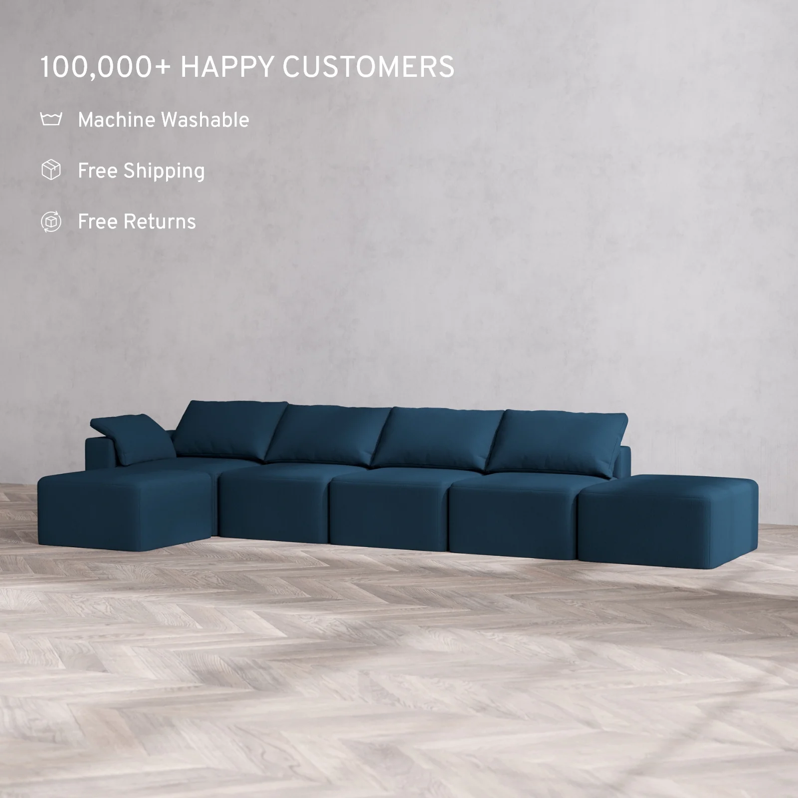 Slipcover Only - Modular Washable 4-Seater Open End Sectional Cloud Sofa in Lazuli | Left-Facing Arm - Image 2