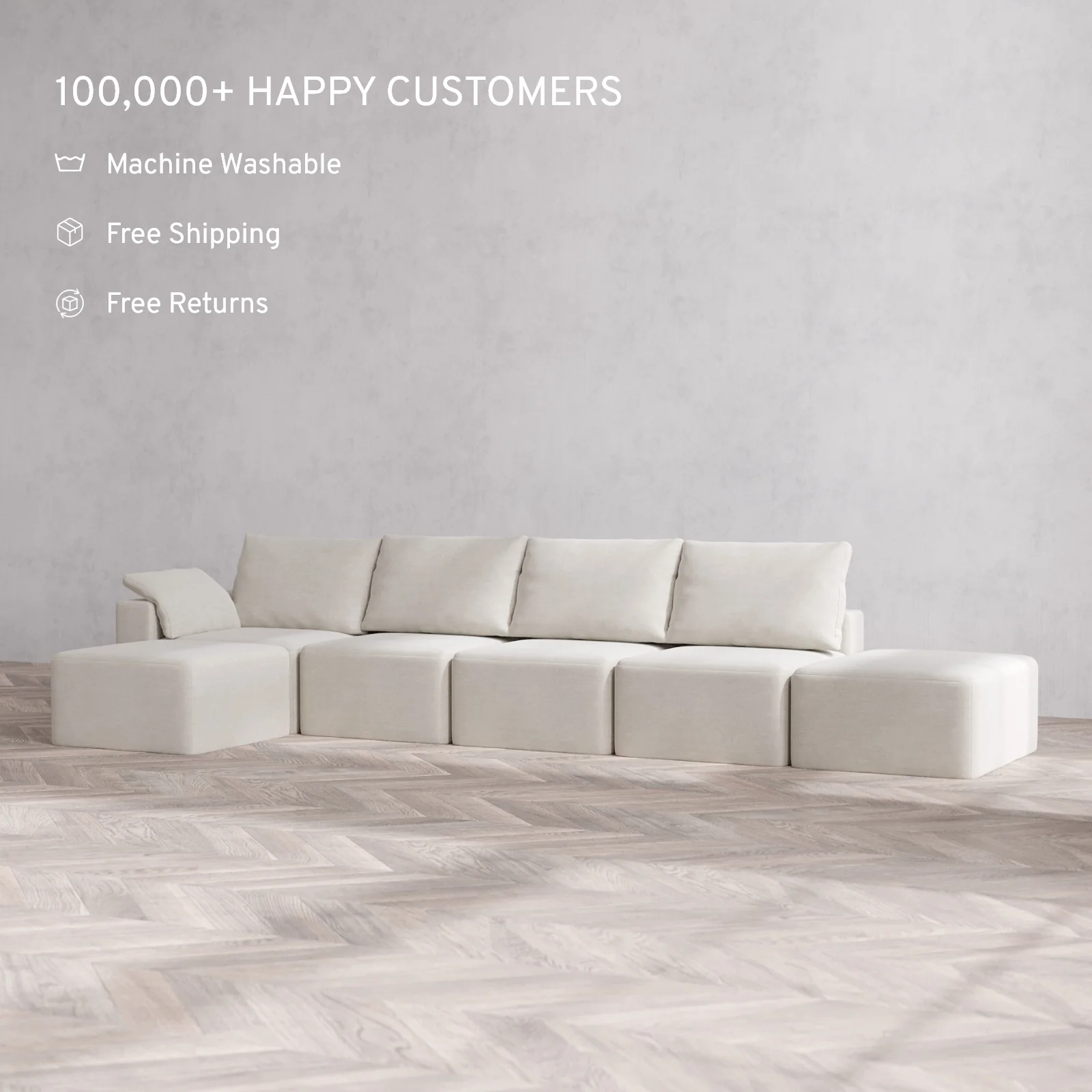 Slipcover Only - Modular Washable 4-Seater Open End Sectional Cloud + Bolster Sofa in Cashew | Left-Facing Arm - Image 2