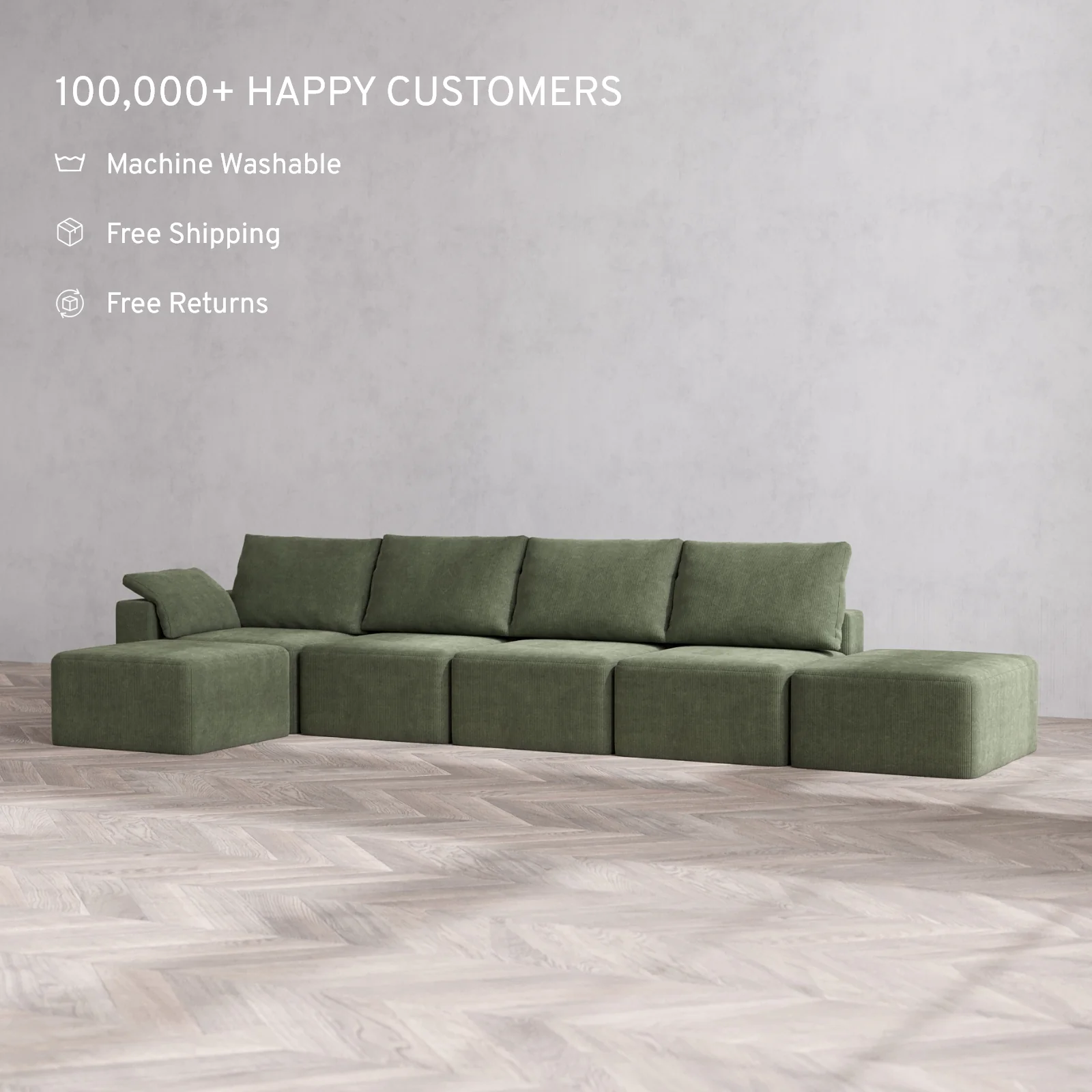 Slipcover Only - Modular Washable 4-Seater Open End Sectional Cloud + Bolster Sofa in Juniper | Left-Facing Arm - Image 2