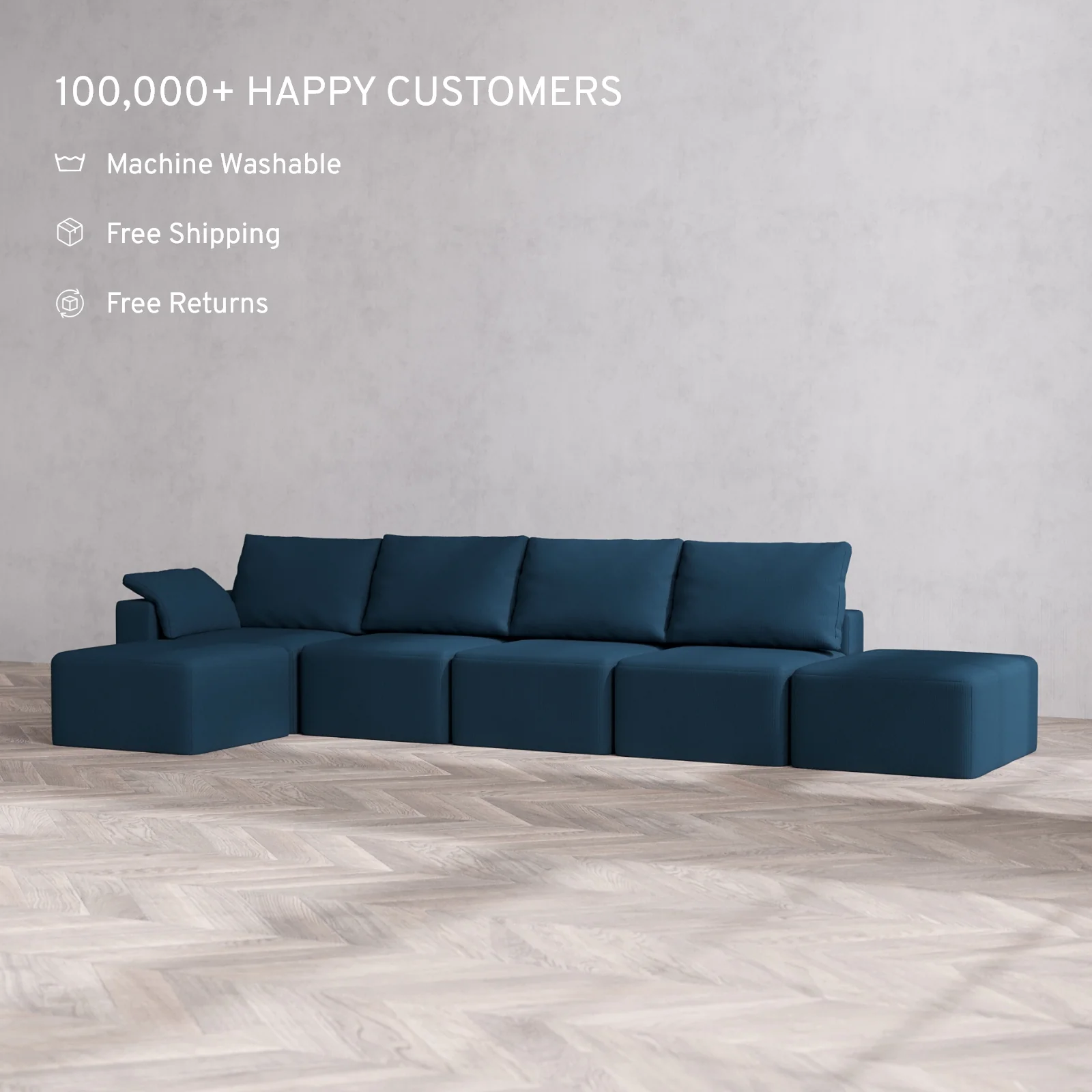 Slipcover Only - Modular Washable 4-Seater Open End Sectional Cloud + Bolster Sofa in Lazuli | Left-Facing Arm - Image 2