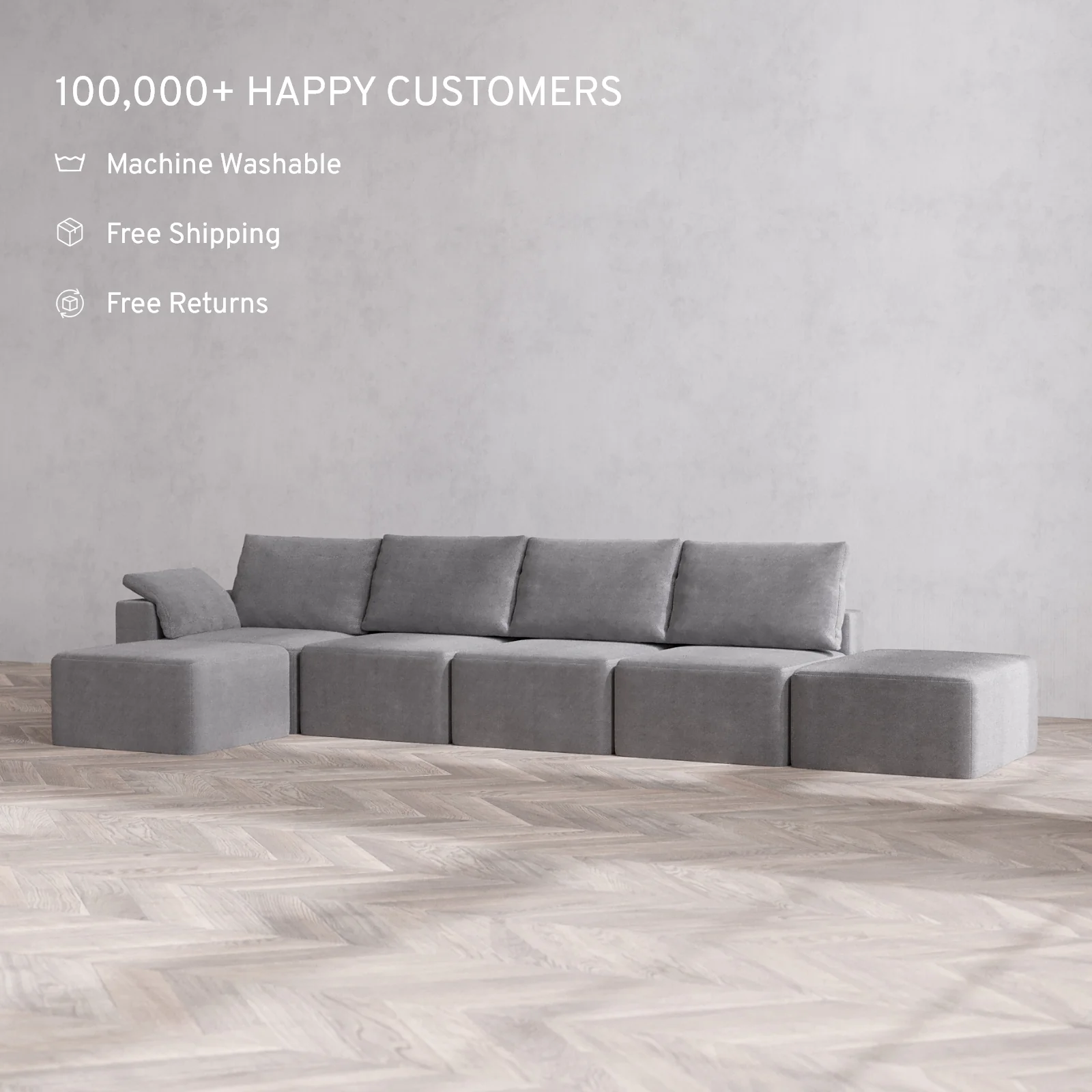 Slipcover Only - Modular Washable 4-Seater Open End Sectional Cloud + Bolster Sofa in Slate | Left-Facing Arm - Image 2