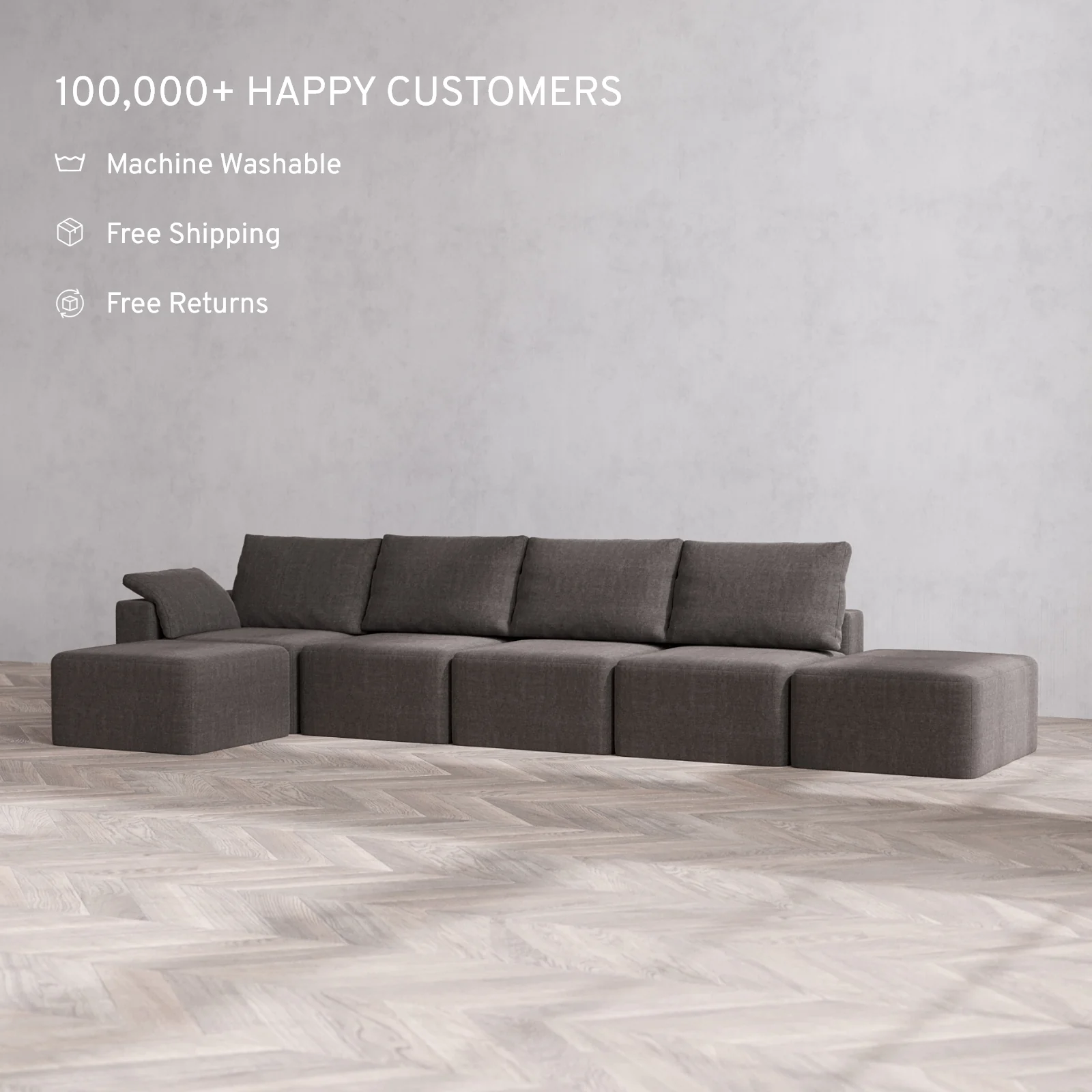 Slipcover Only - Modular Washable 4-Seater Open End Sectional Cloud + Bolster Sofa in Truffle | Left-Facing Arm - Image 2