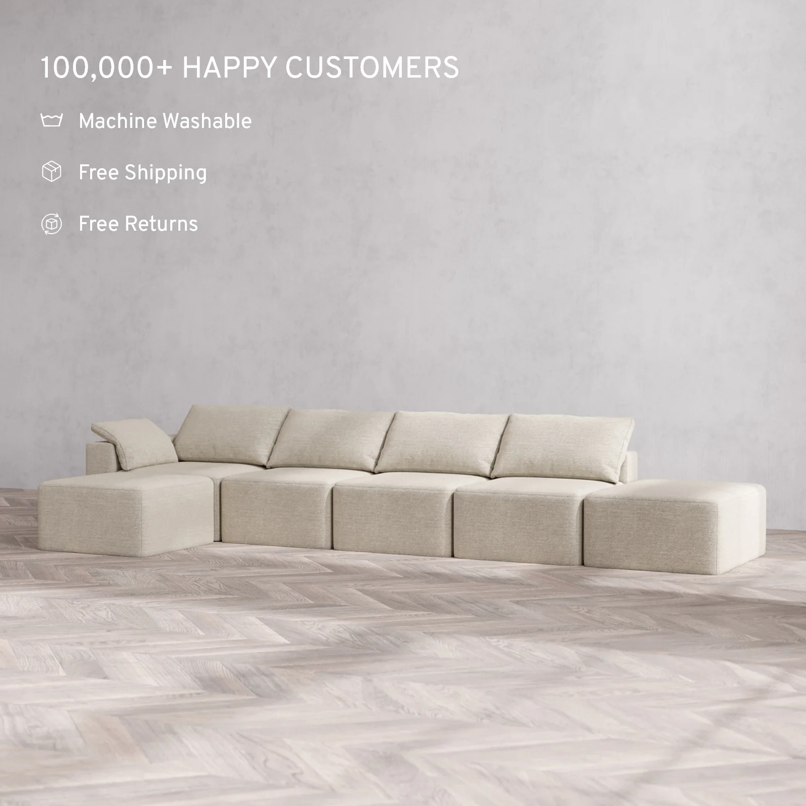 Slipcover Only - Modular Washable 4-Seater Open End Sectional Cloud Sofa in Sandstone | Left-Facing Arm - Image 2