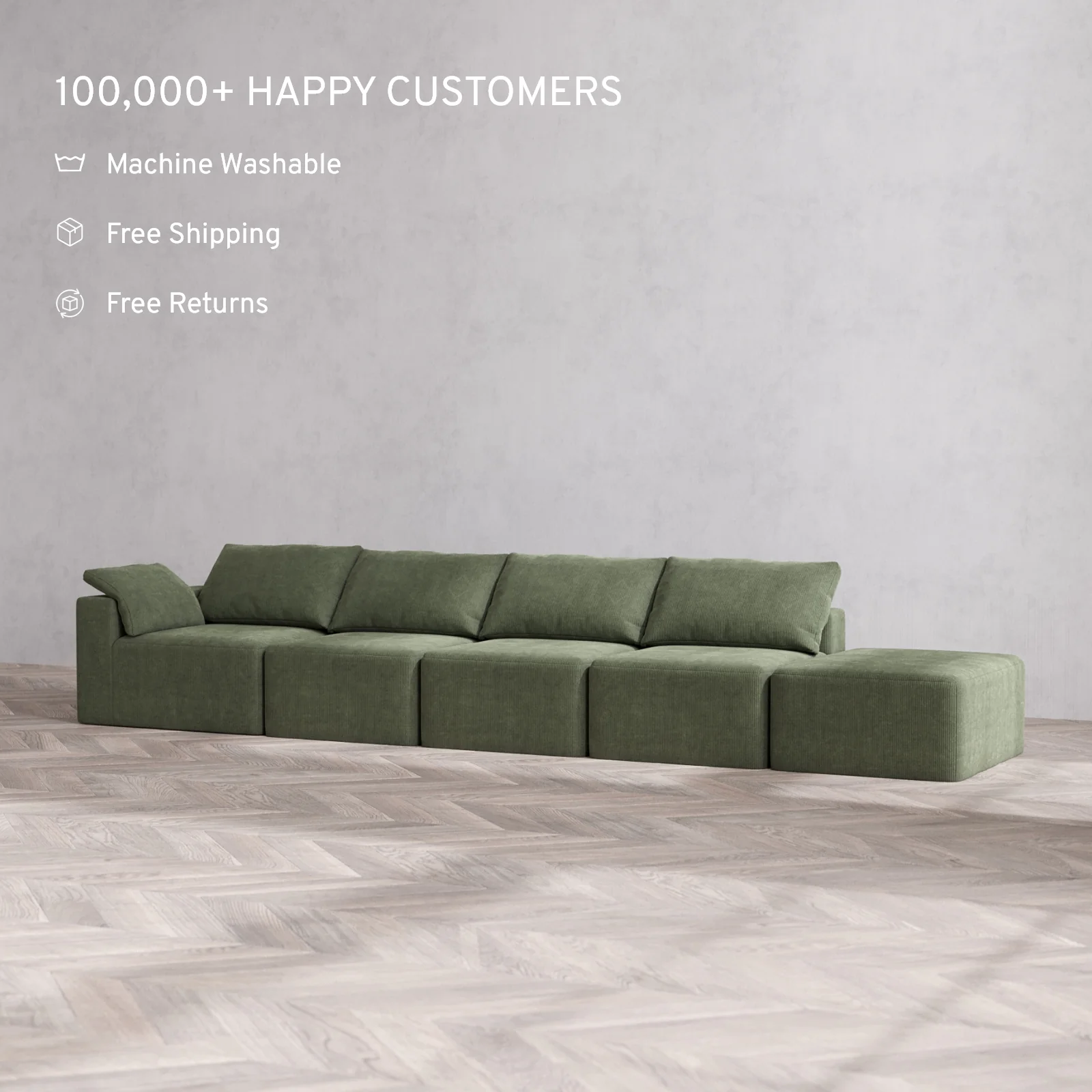 Slipcover Only - Modular Washable 4-Seater Open End Cloud Sofa in Juniper | Left-Facing Arm - Image 2