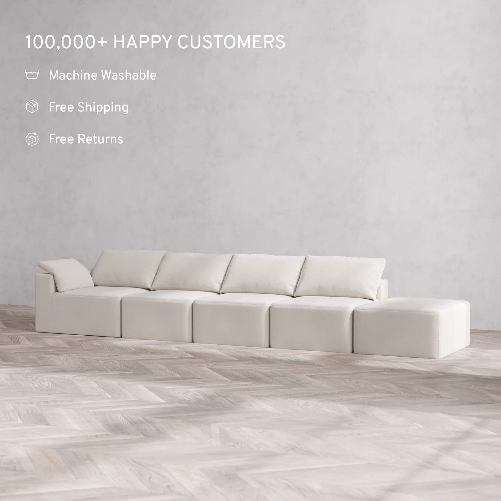 Slipcover Only - Modular Washable 4-Seater Open End Cloud Sofa in Pearl | Left-Facing Arm - Image 2