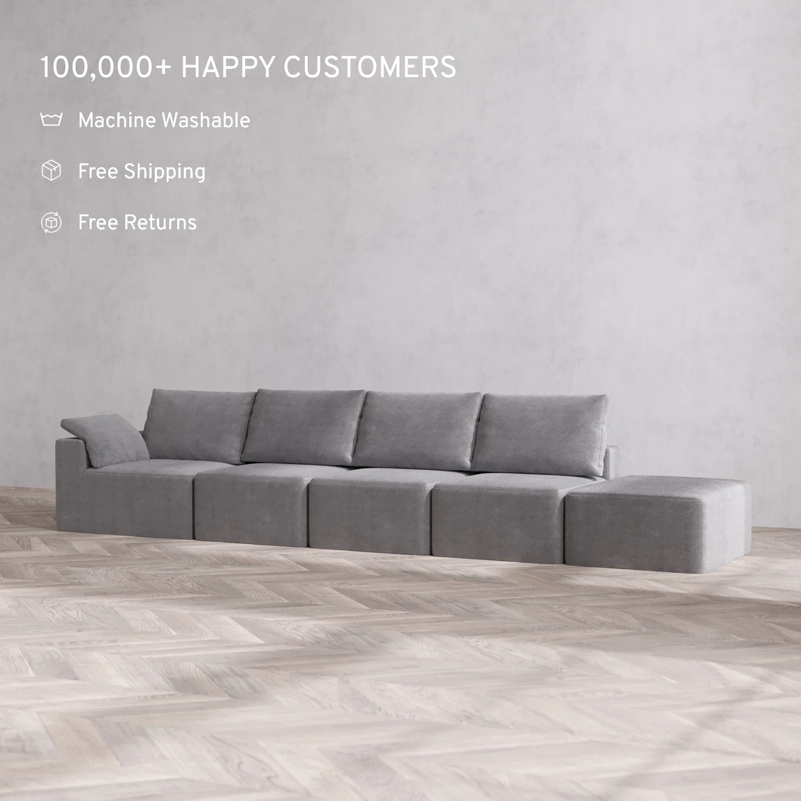 Slipcover Only - Modular Washable 4-Seater Open End Cloud + Bolster Sofa in Slate | Left-Facing Arm - Image 2