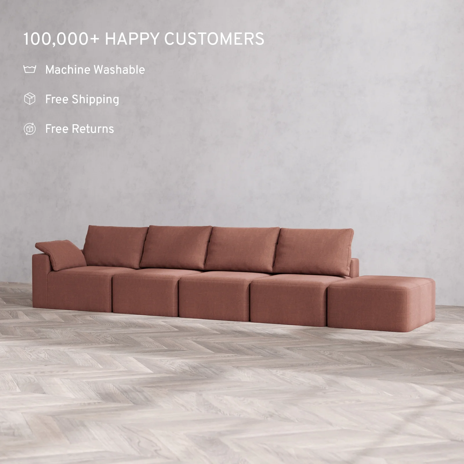 Slipcover Only - Modular Washable 4-Seater Open End Cloud + Bolster Sofa in Sumac | Left-Facing Arm - Image 2