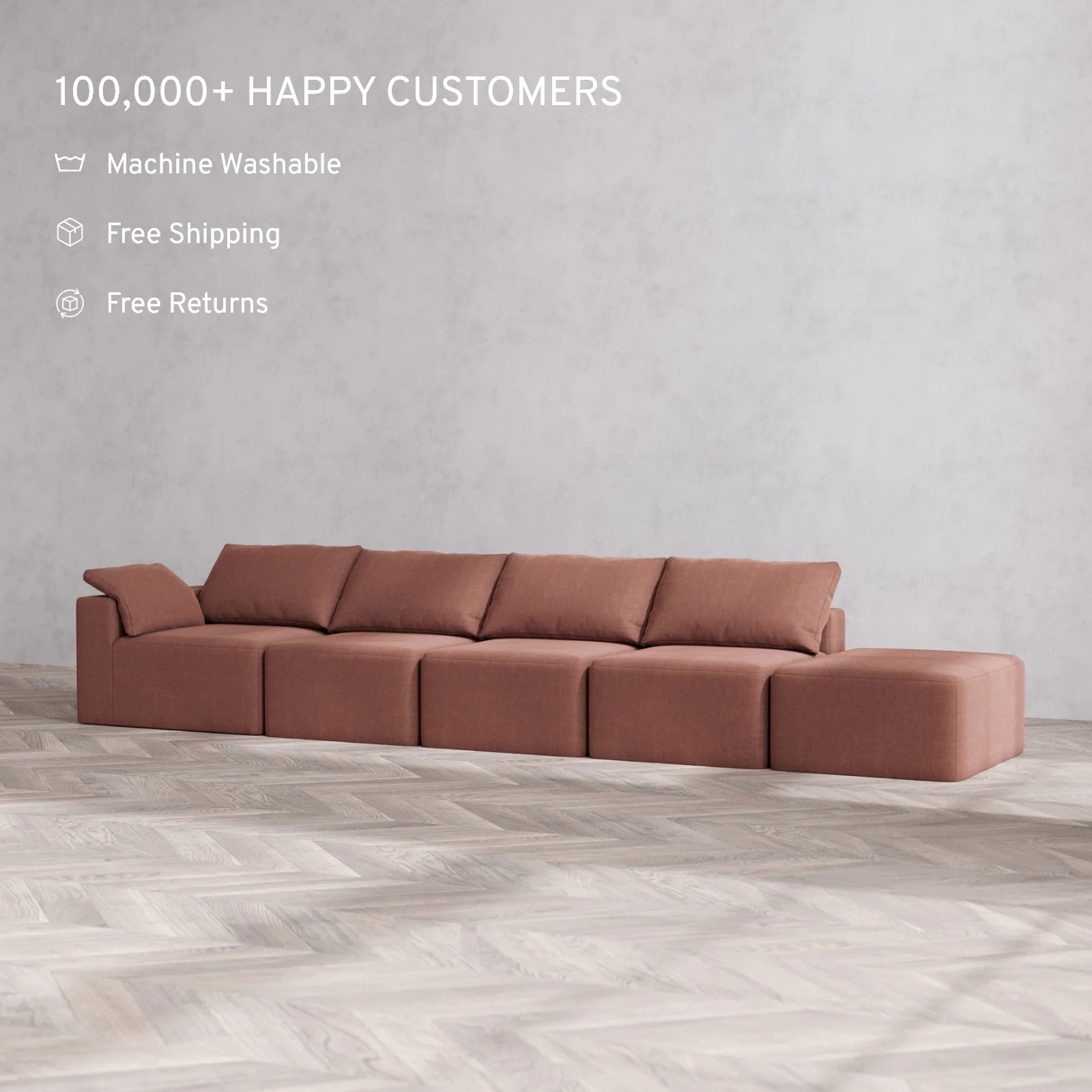 Slipcover Only - Modular Washable 4-Seater Open End Cloud Sofa in Sumac | Left-Facing Arm - Image 2