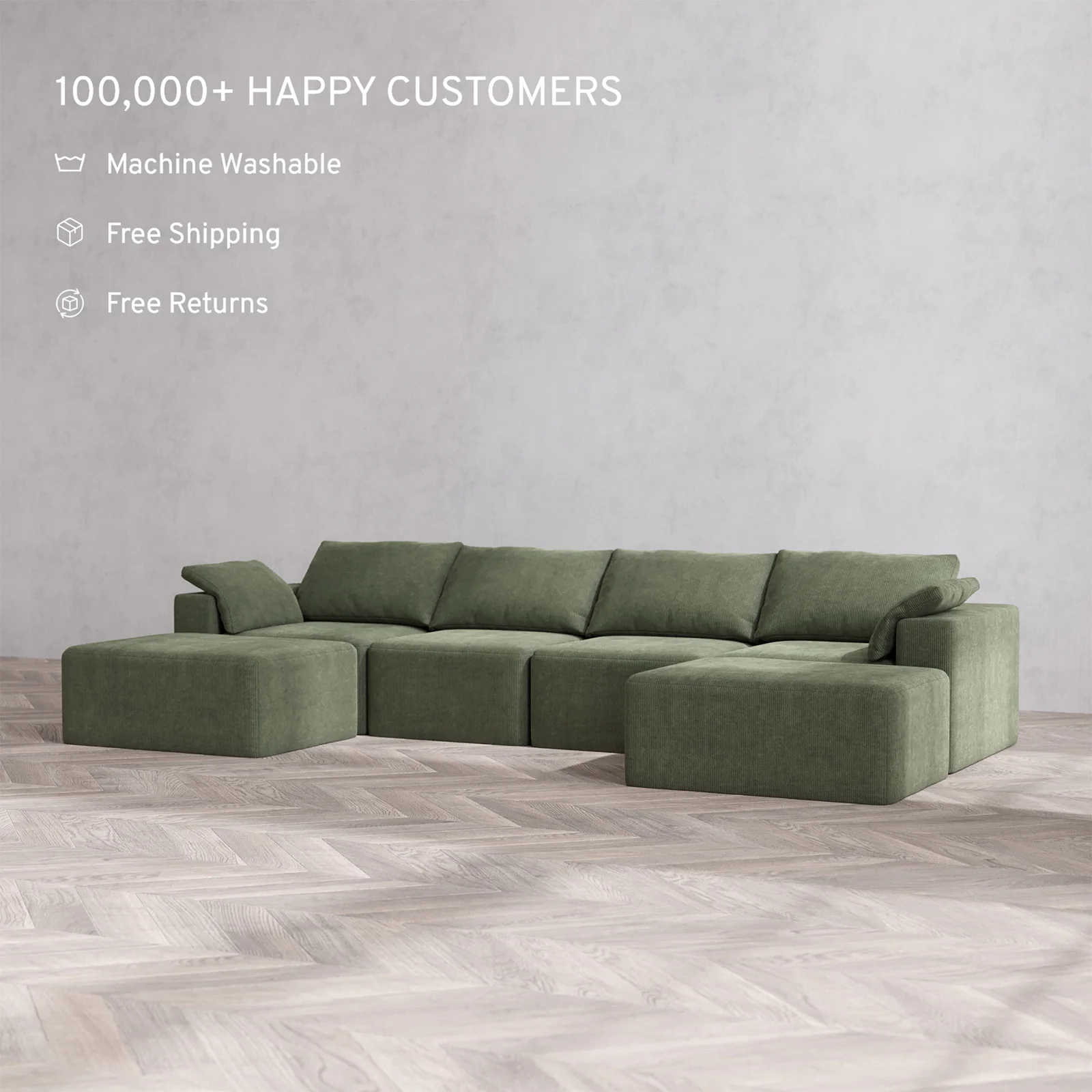Slipcover Only - Modular Washable 4-Seater Open-Ends U Sectional Cloud Sofa in Juniper - Image 2