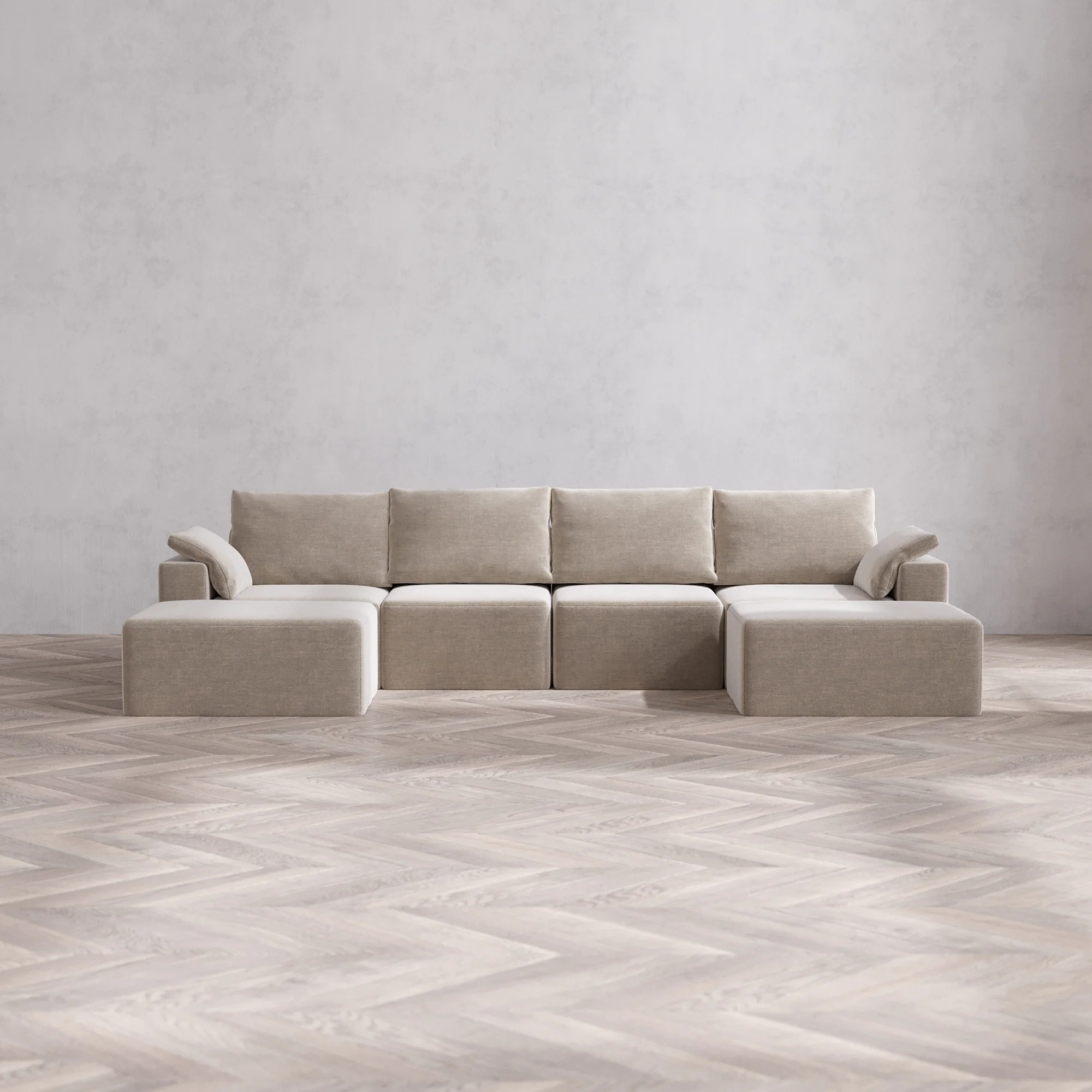 Slipcover Only - Modular Washable 4-Seater Open-Ends U Sectional Cloud + Bolster Sofa in Caraway