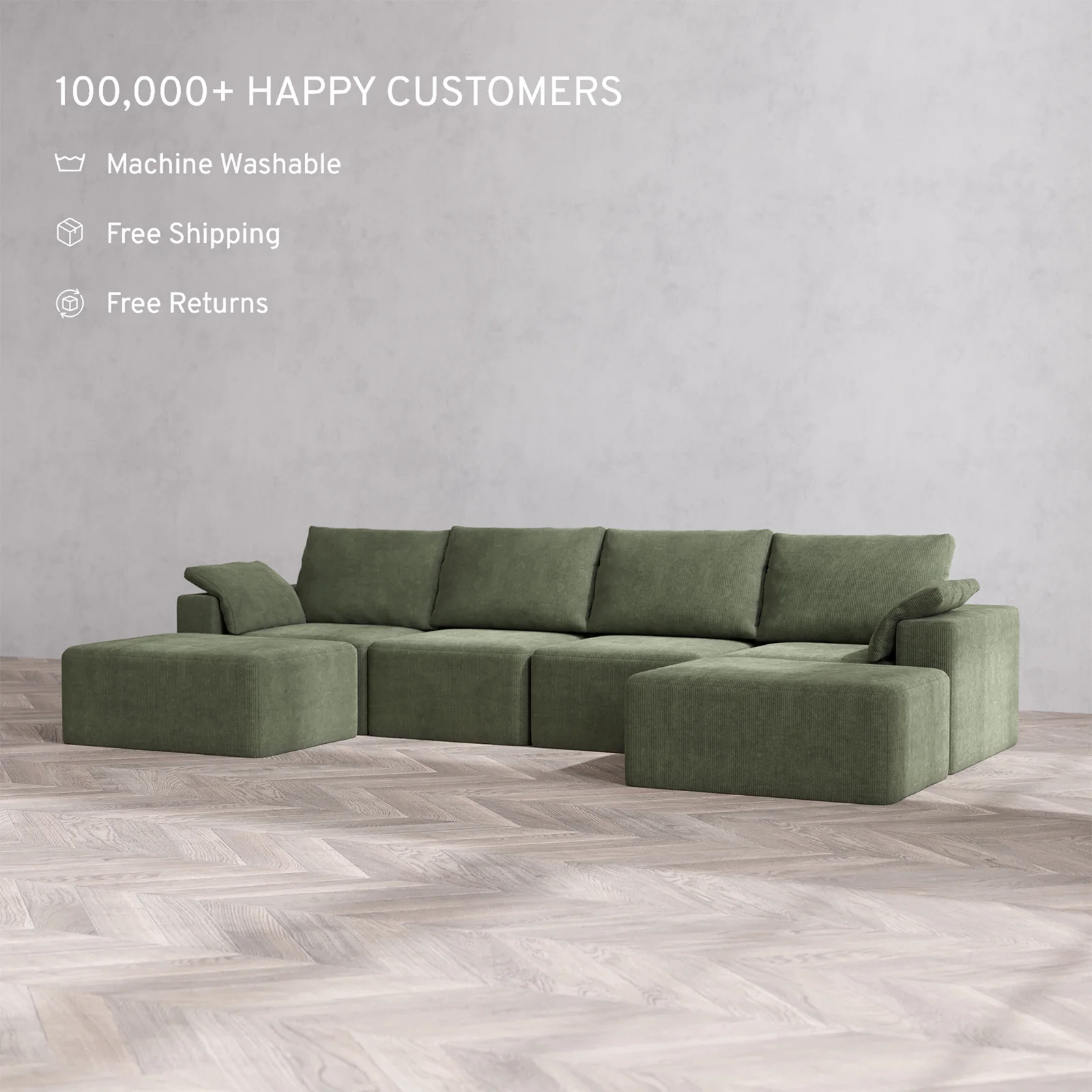 Slipcover Only - Modular Washable 4-Seater Open-Ends U Sectional Cloud + Bolster Sofa in Juniper - Image 2