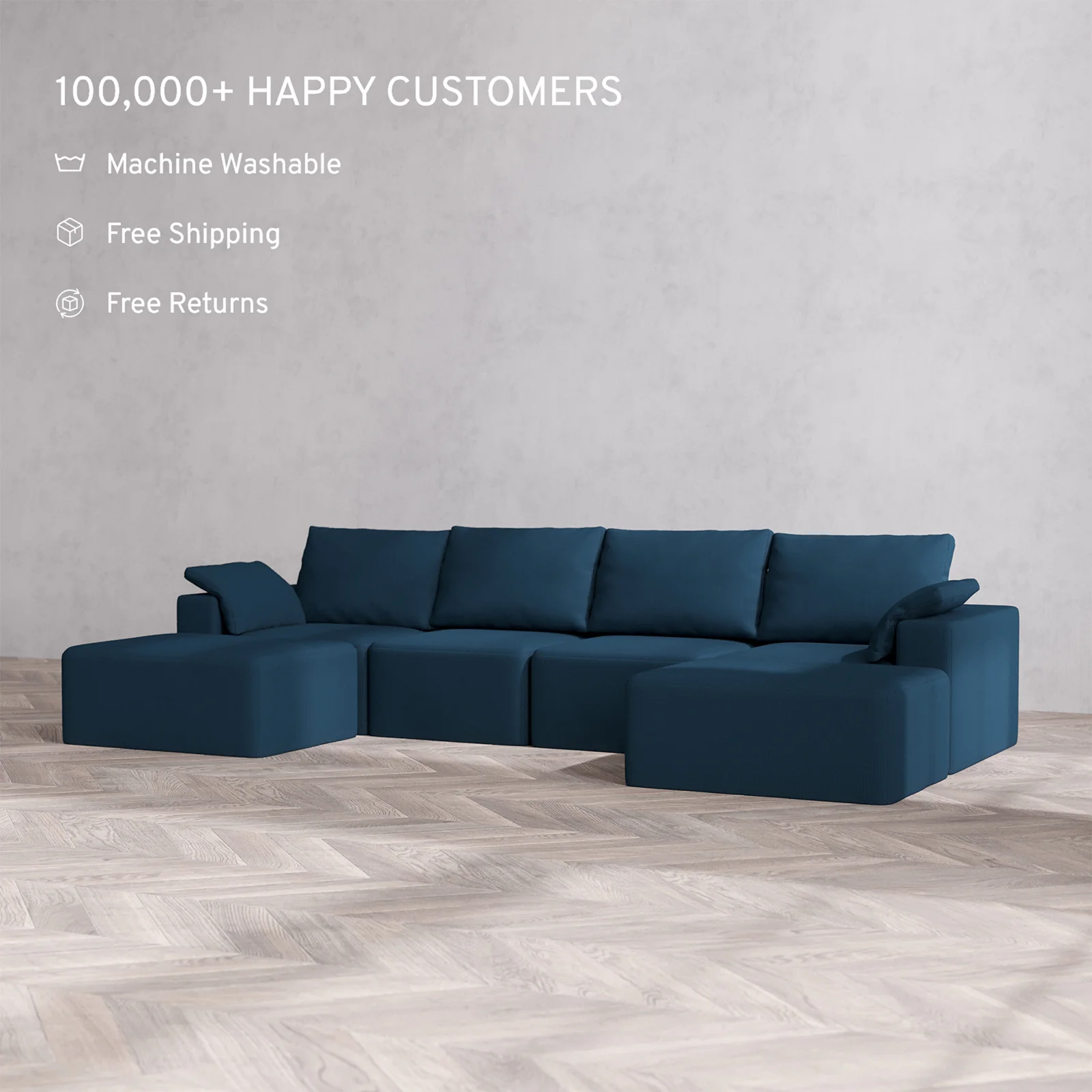 Slipcover Only - Modular Washable 4-Seater Open-Ends U Sectional Cloud + Bolster Sofa in Lazuli - Image 2