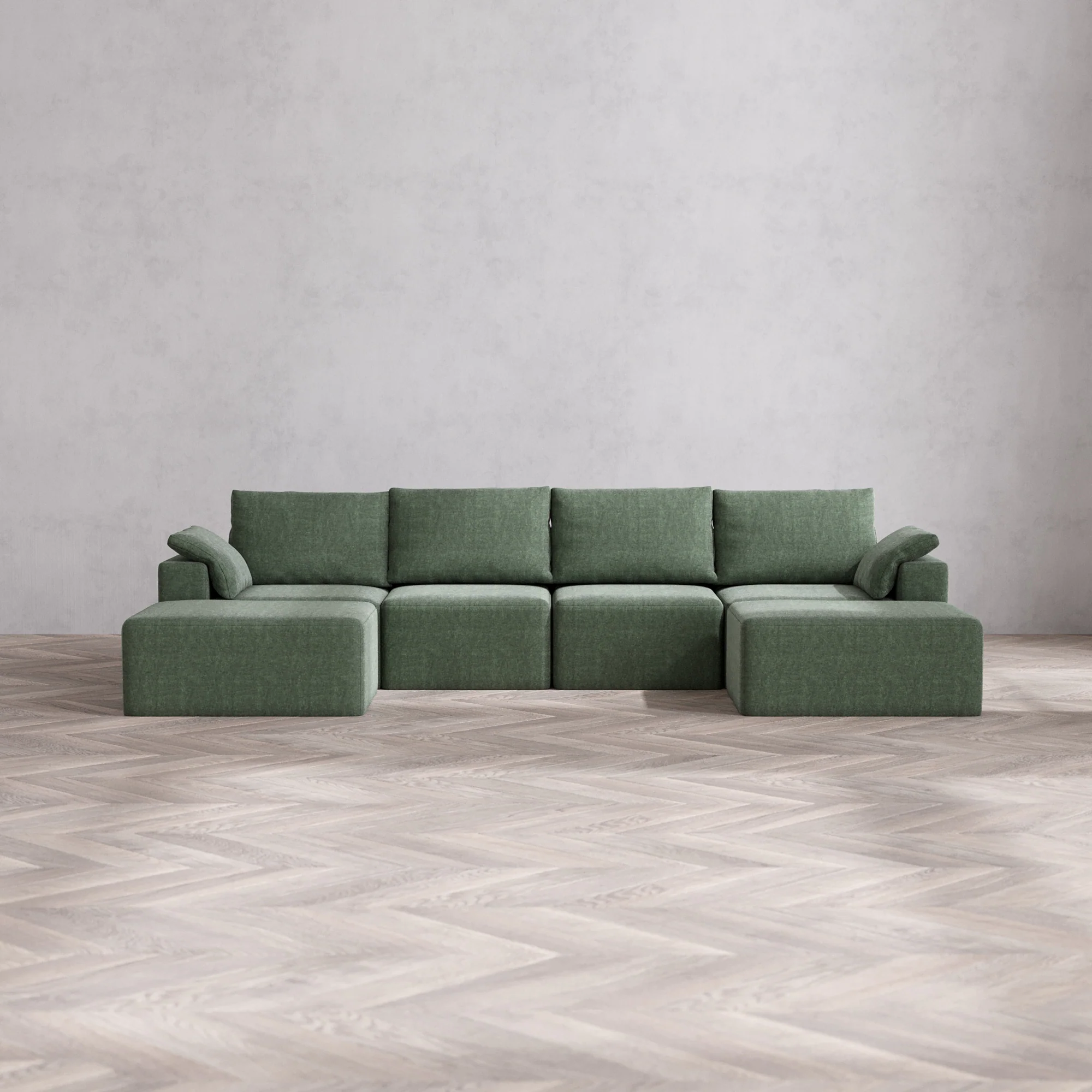 Slipcover Only - Modular Washable 4-Seater Open-Ends U Sectional Cloud + Bolster Sofa in Sage