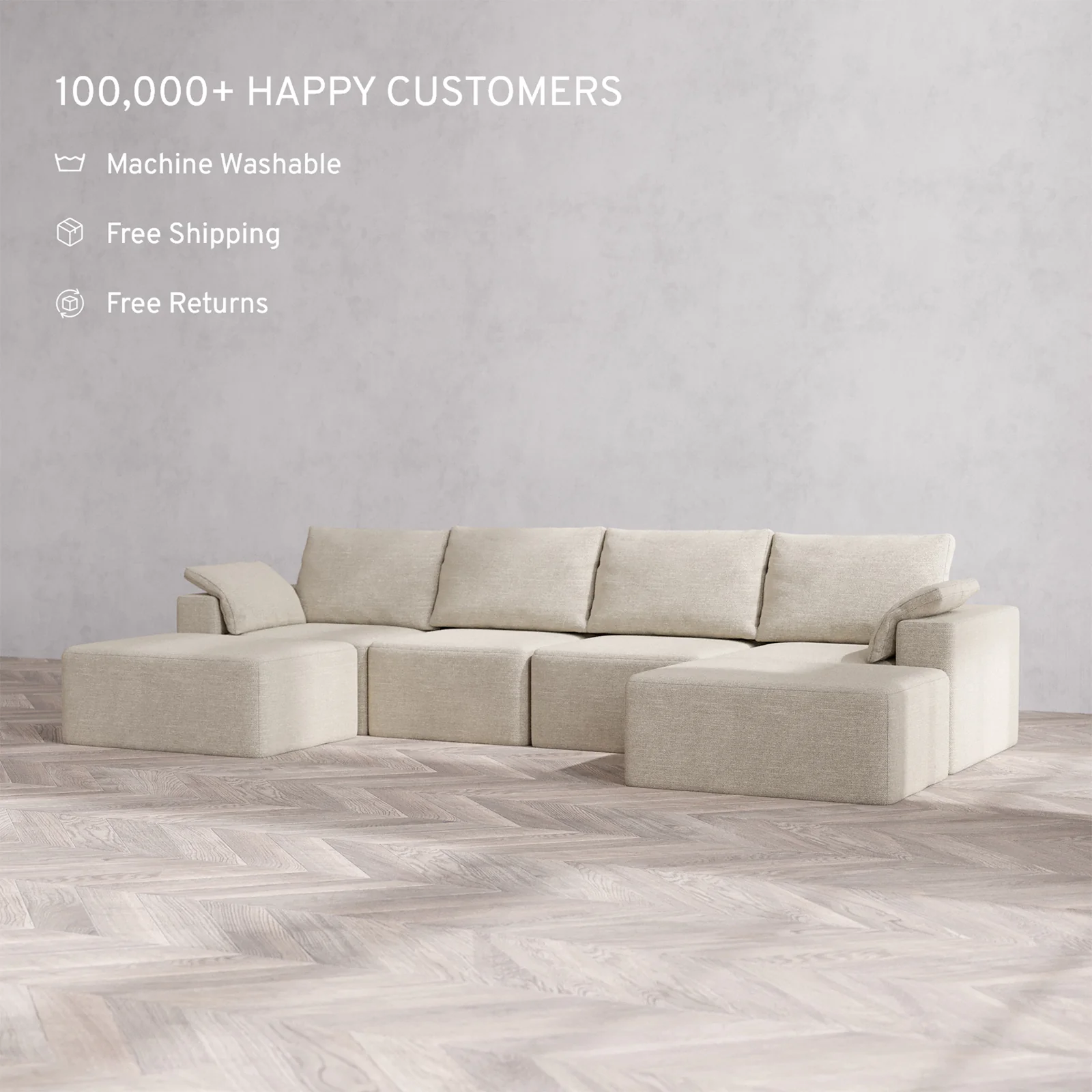 Slipcover Only - Modular Washable 4-Seater Open-Ends U Sectional Cloud + Bolster Sofa in Sandstone - Image 2
