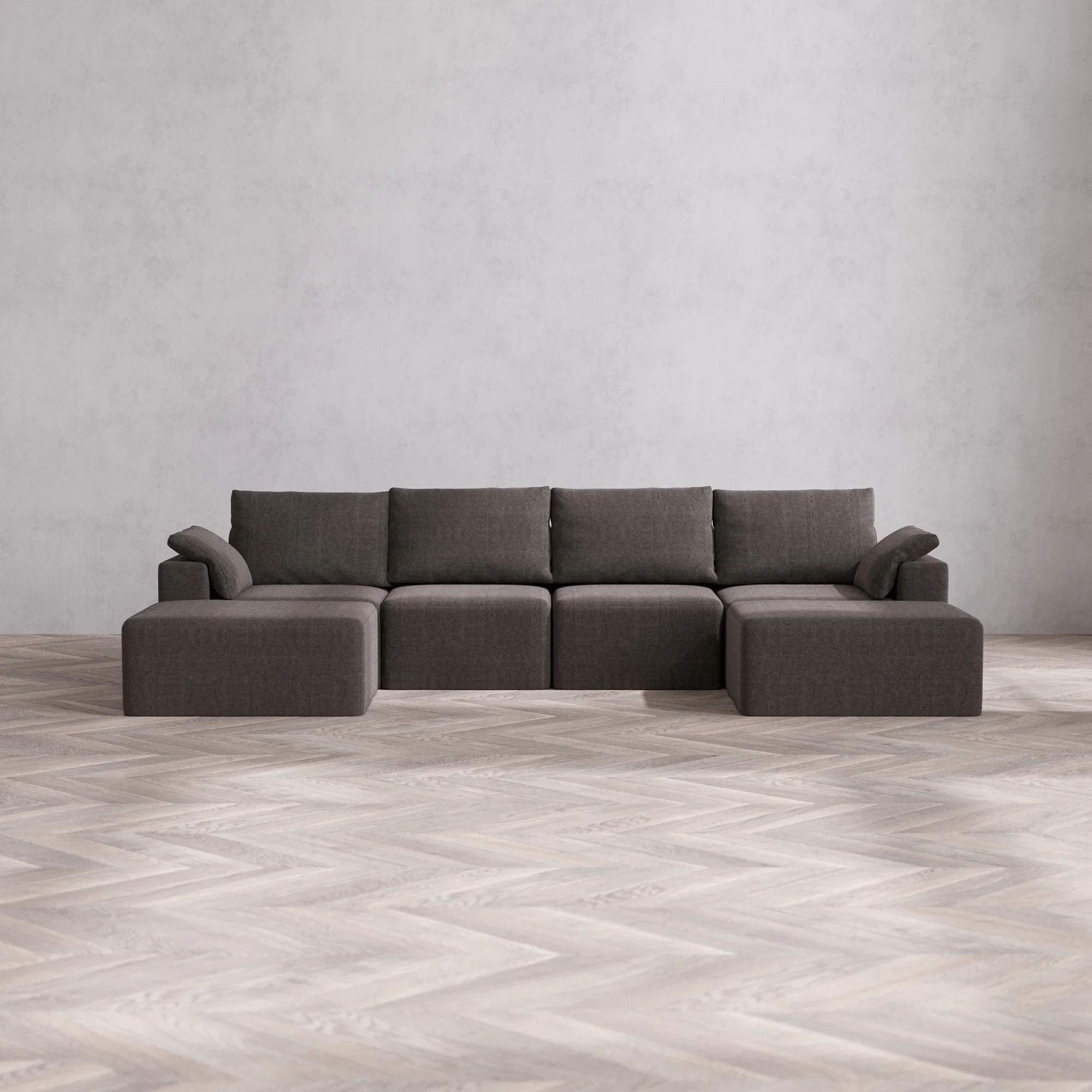 Slipcover Only - Modular Washable 4-Seater Open-Ends U Sectional Cloud + Bolster Sofa in Truffle