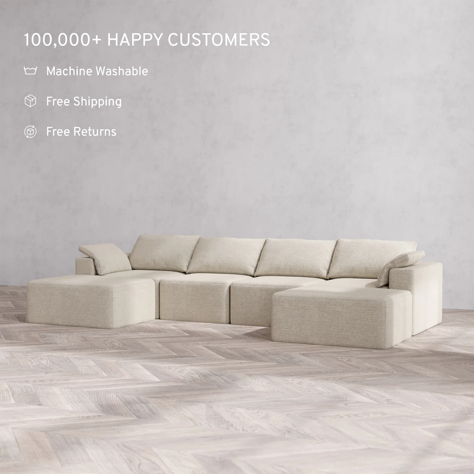 Slipcover Only - Modular Washable 4-Seater Open-Ends U Sectional Cloud Sofa in Sandstone - Image 2