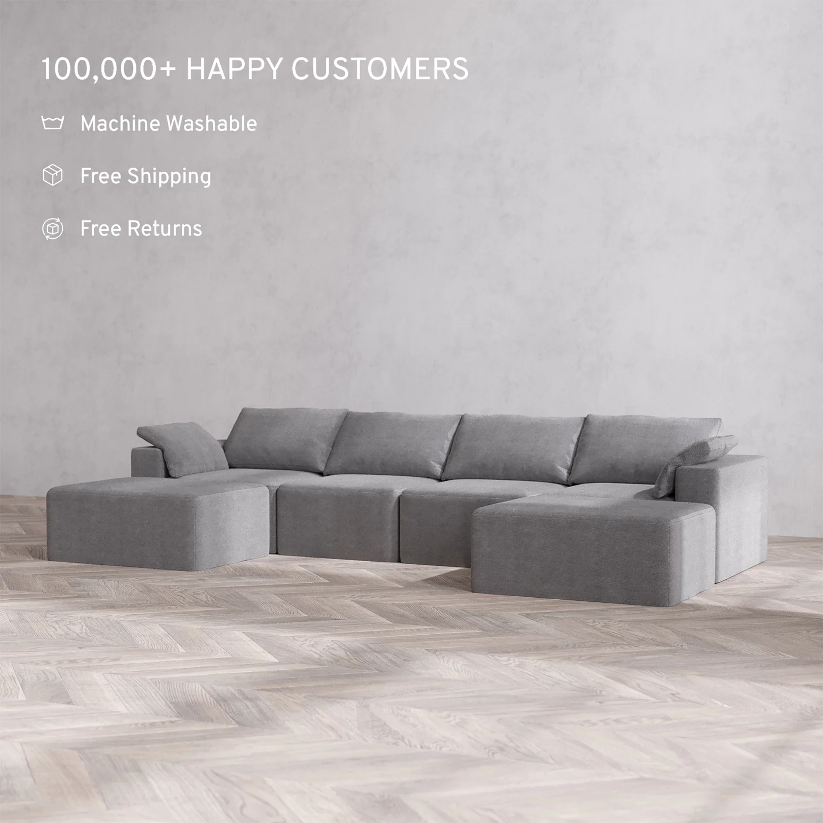 Slipcover Only - Modular Washable 4-Seater Open-Ends U Sectional Cloud Sofa in Slate - Image 2