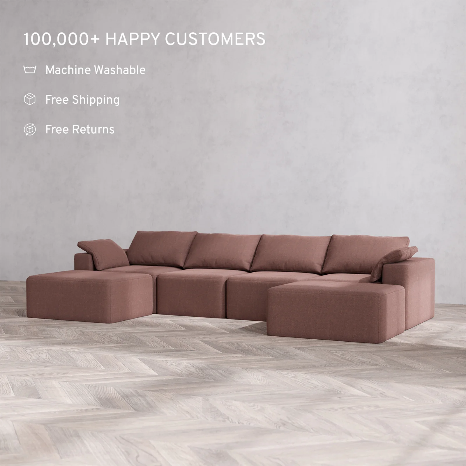 Slipcover Only - Modular Washable 4-Seater Open-Ends U Sectional Cloud Sofa in Sumac - Image 2