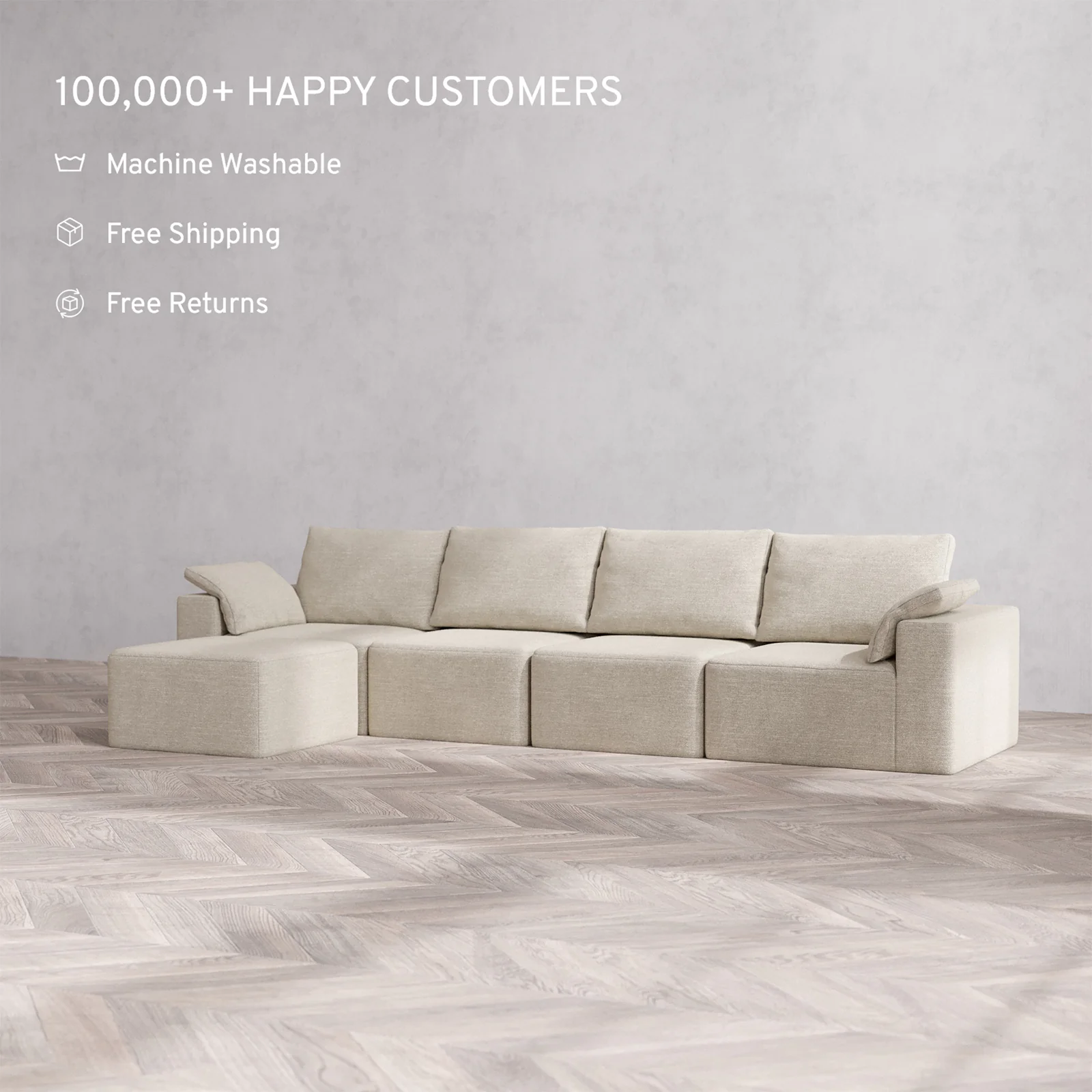 Slipcover Only - Modular Washable 4-Seater Sectional Cloud + Bolster Sofa in Sandstone - Image 2