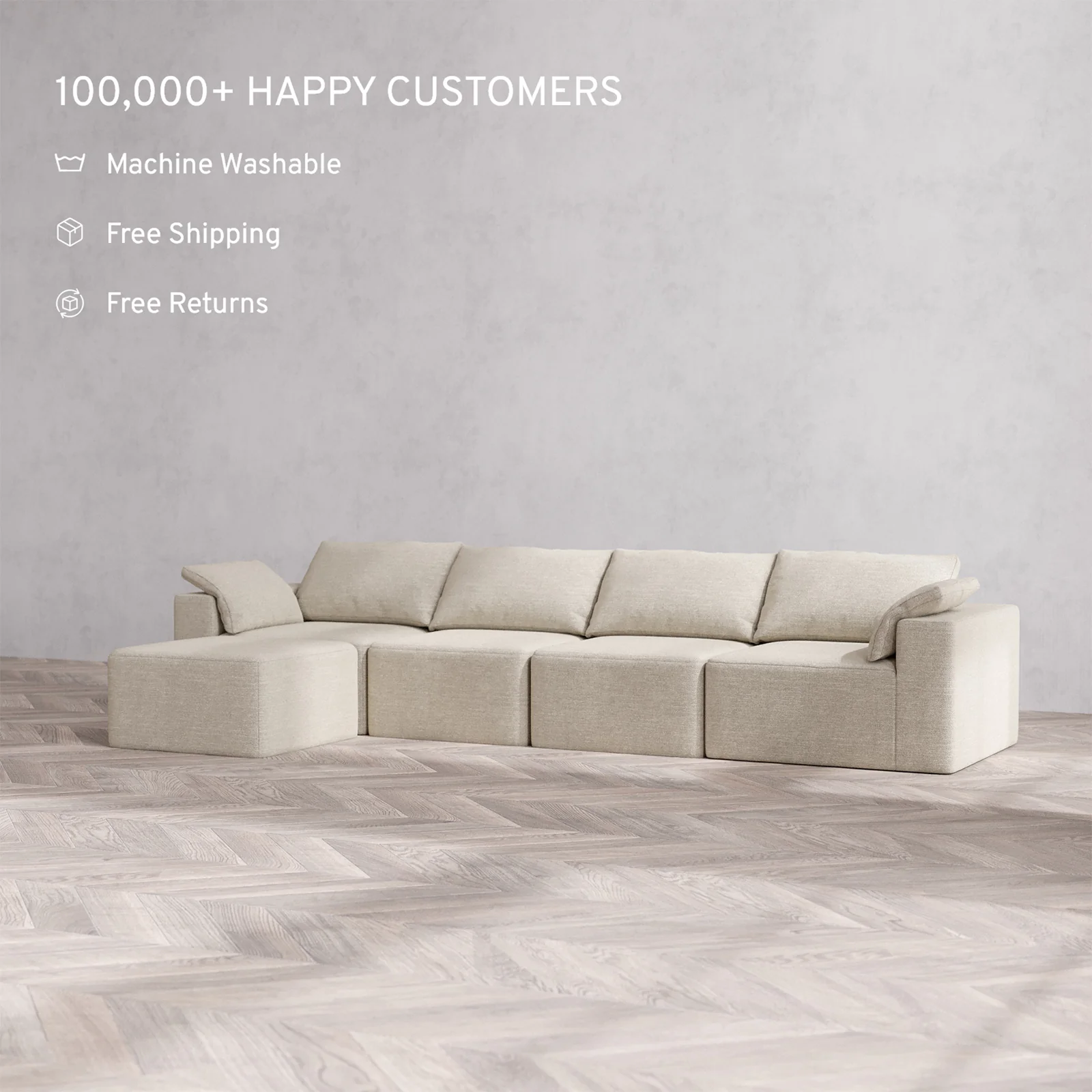 Slipcover Only - Modular Washable 4-Seater Sectional Cloud Sofa in Sandstone - Image 2