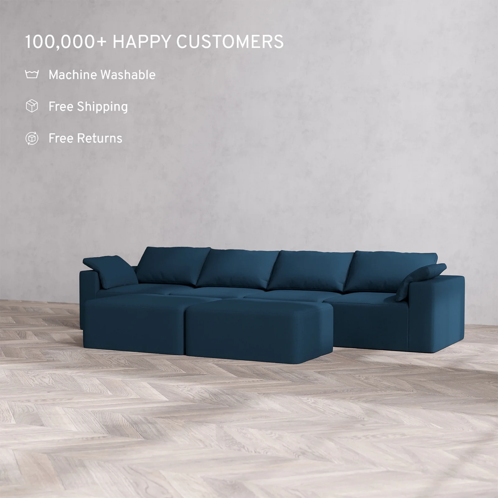 Slipcover Only - Modular Washable 4-Seater Cloud Sofa + Chaise Ottoman Bench in Lazuli - Image 2