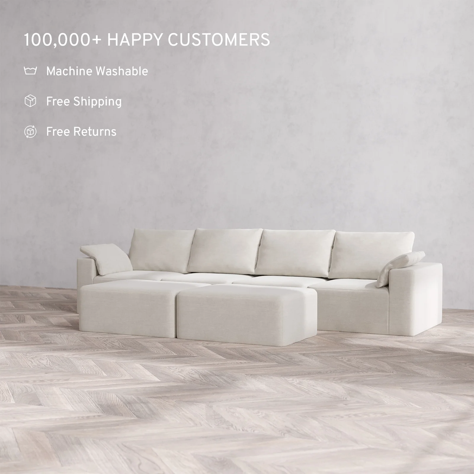 Slipcover Only - Modular Washable 4-Seater Cloud + Bolster Sofa + Chaise Ottoman Bench in Cashew - Image 2