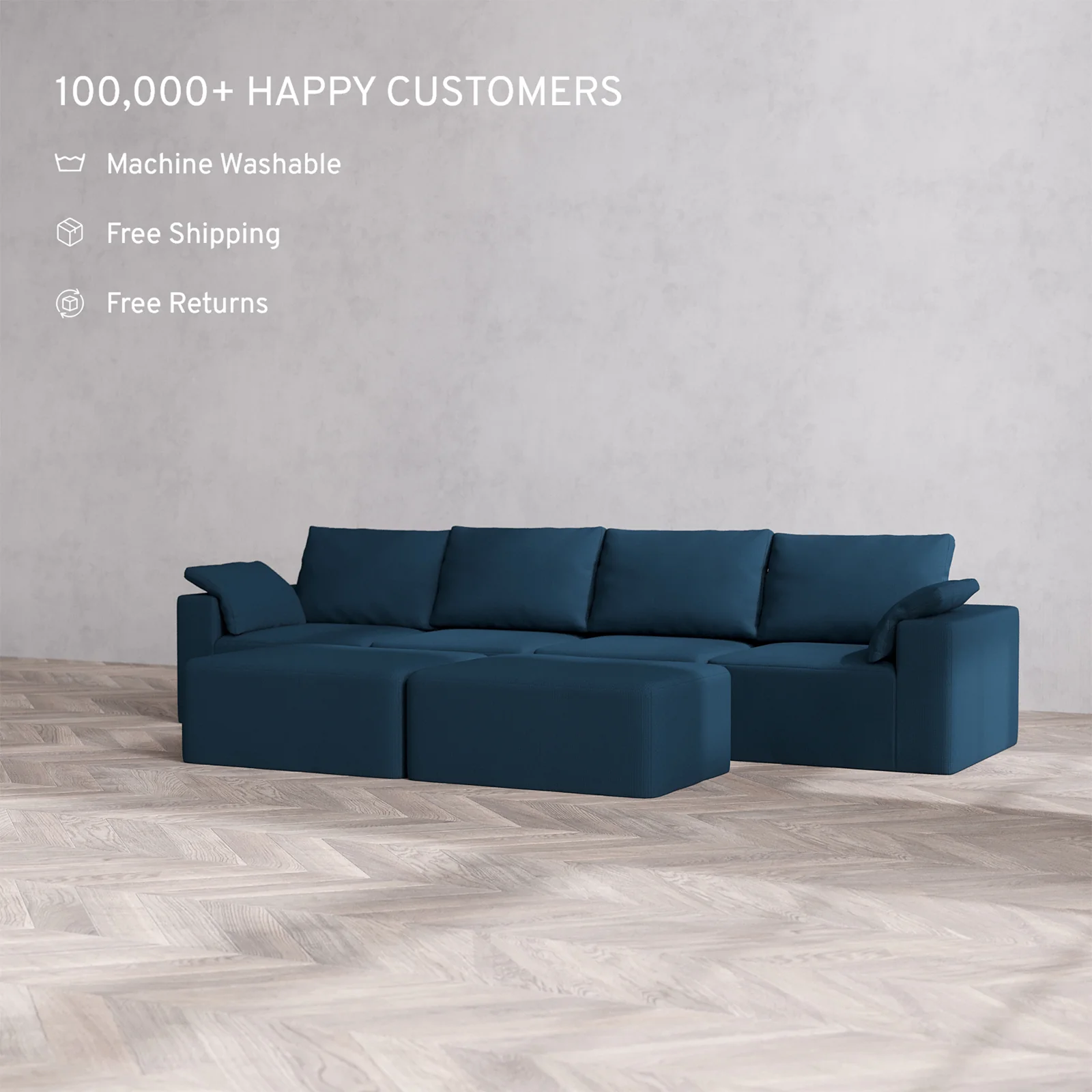 Slipcover Only - Modular Washable 4-Seater Cloud + Bolster Sofa + Chaise Ottoman Bench in Lazuli - Image 2