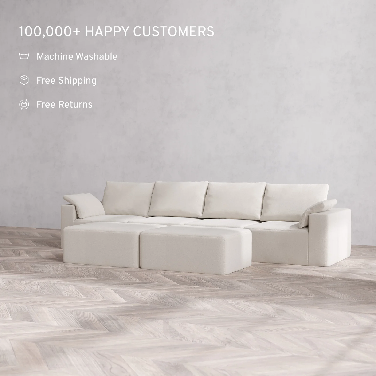Slipcover Only - Modular Washable 4-Seater Cloud + Bolster Sofa + Chaise Ottoman Bench in Pearl - Image 2